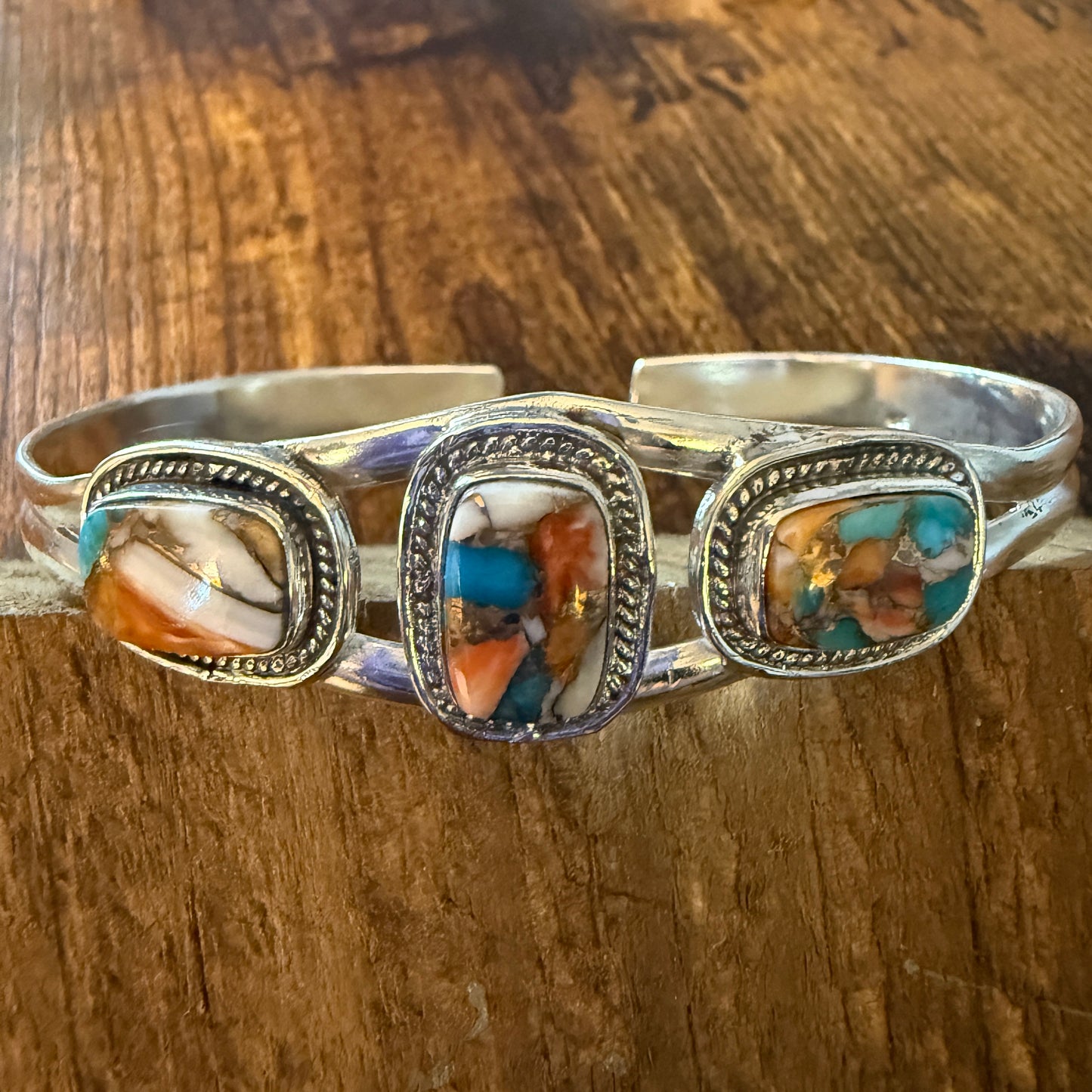 Oyster Copper Turquoise Dahlia Gemstone Sterling Silver Adjustable Bangle 925