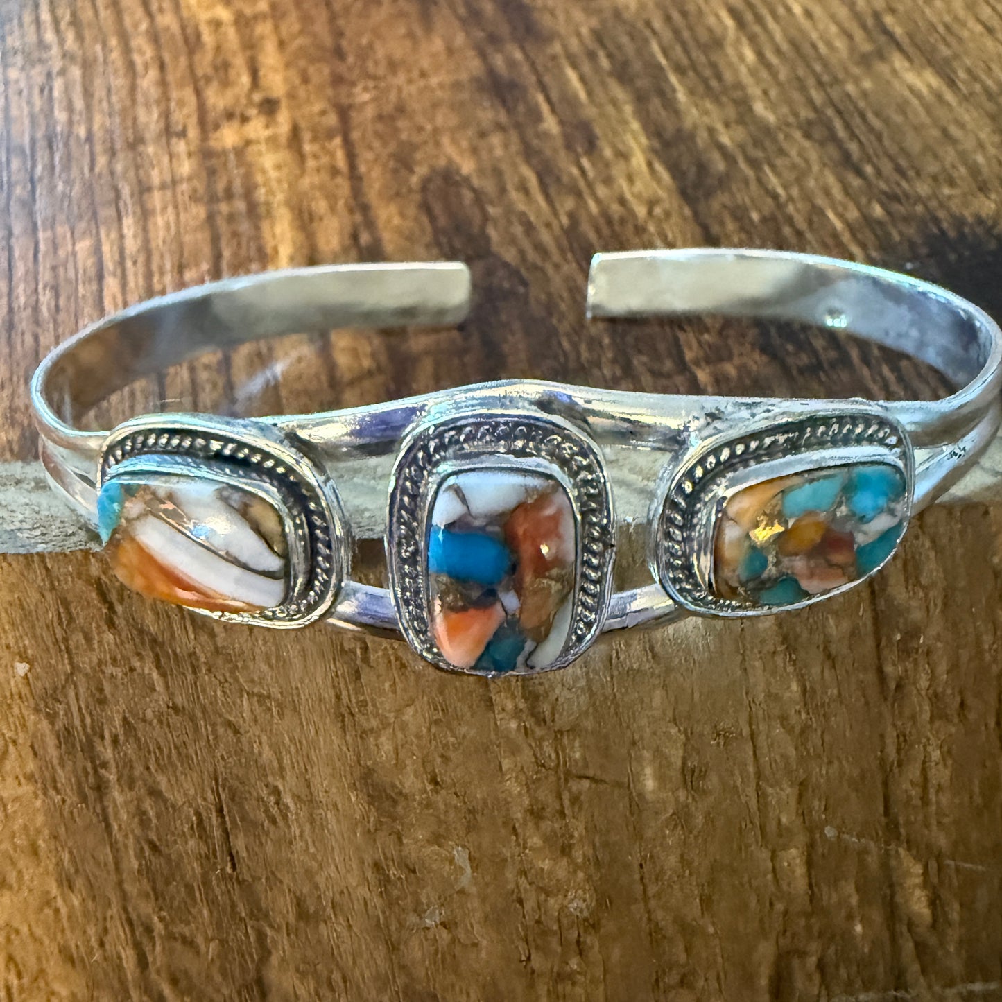 Oyster Copper Turquoise Dahlia Gemstone Sterling Silver Adjustable Bangle 925