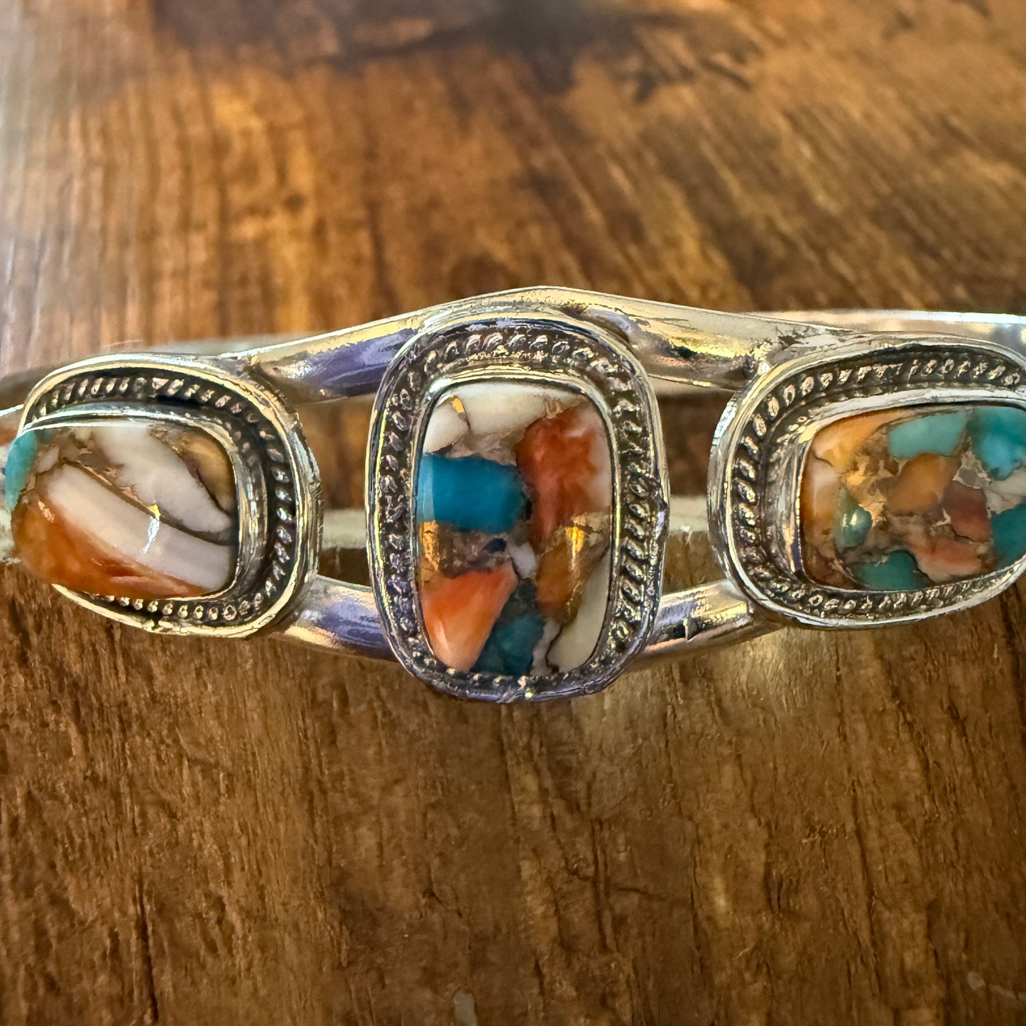 Oyster Copper Turquoise Dahlia Gemstone Sterling Silver Adjustable Bangle 925