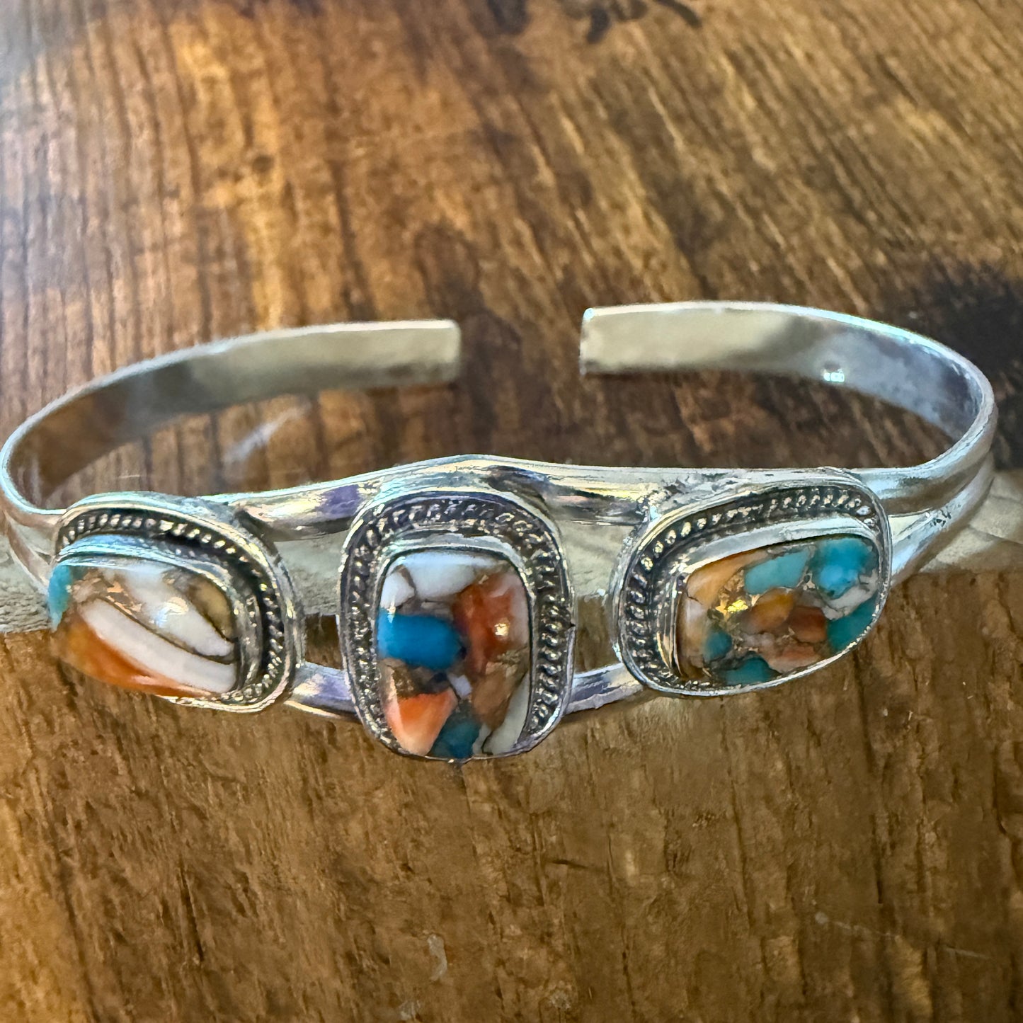 Oyster Copper Turquoise Dahlia Gemstone Sterling Silver Adjustable Bangle 925