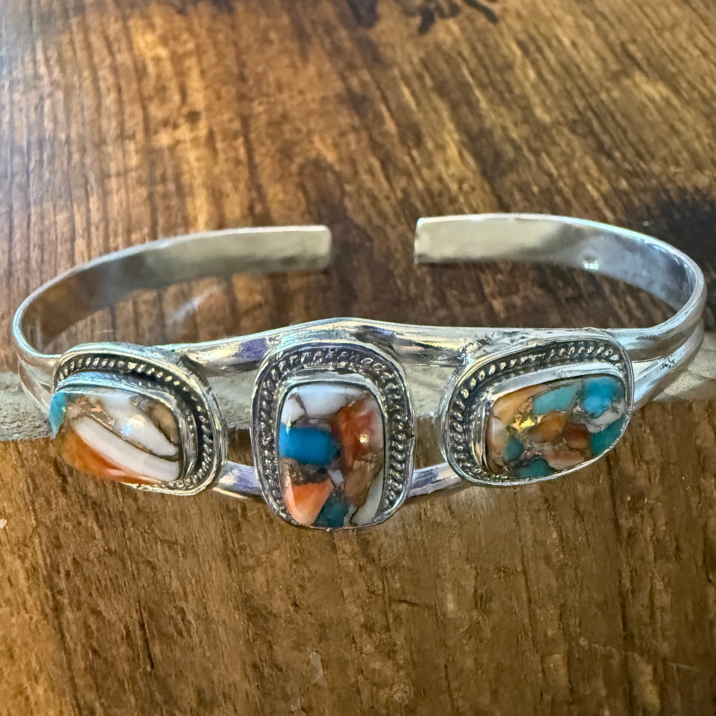 Oyster Copper Turquoise Dahlia Gemstone Sterling Silver Adjustable Bangle 925