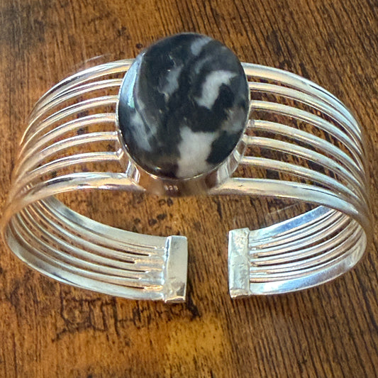 Navajo White Buffalo Dahlia Turquoise Sterling Silver Wide Cuff Bangle Bracelet