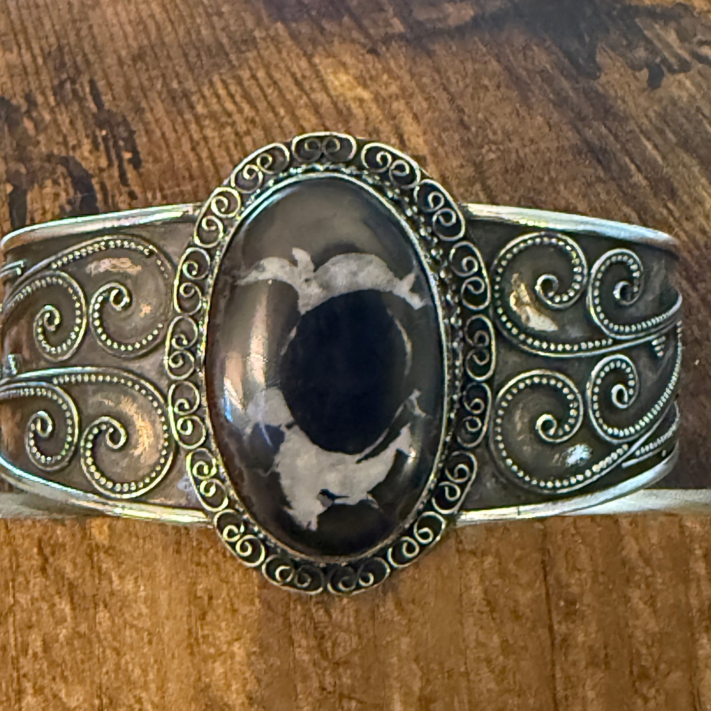 Oval Moroccan Mud Crack Fossil Vintage Cuff Bracelet 925 Sterling Silver