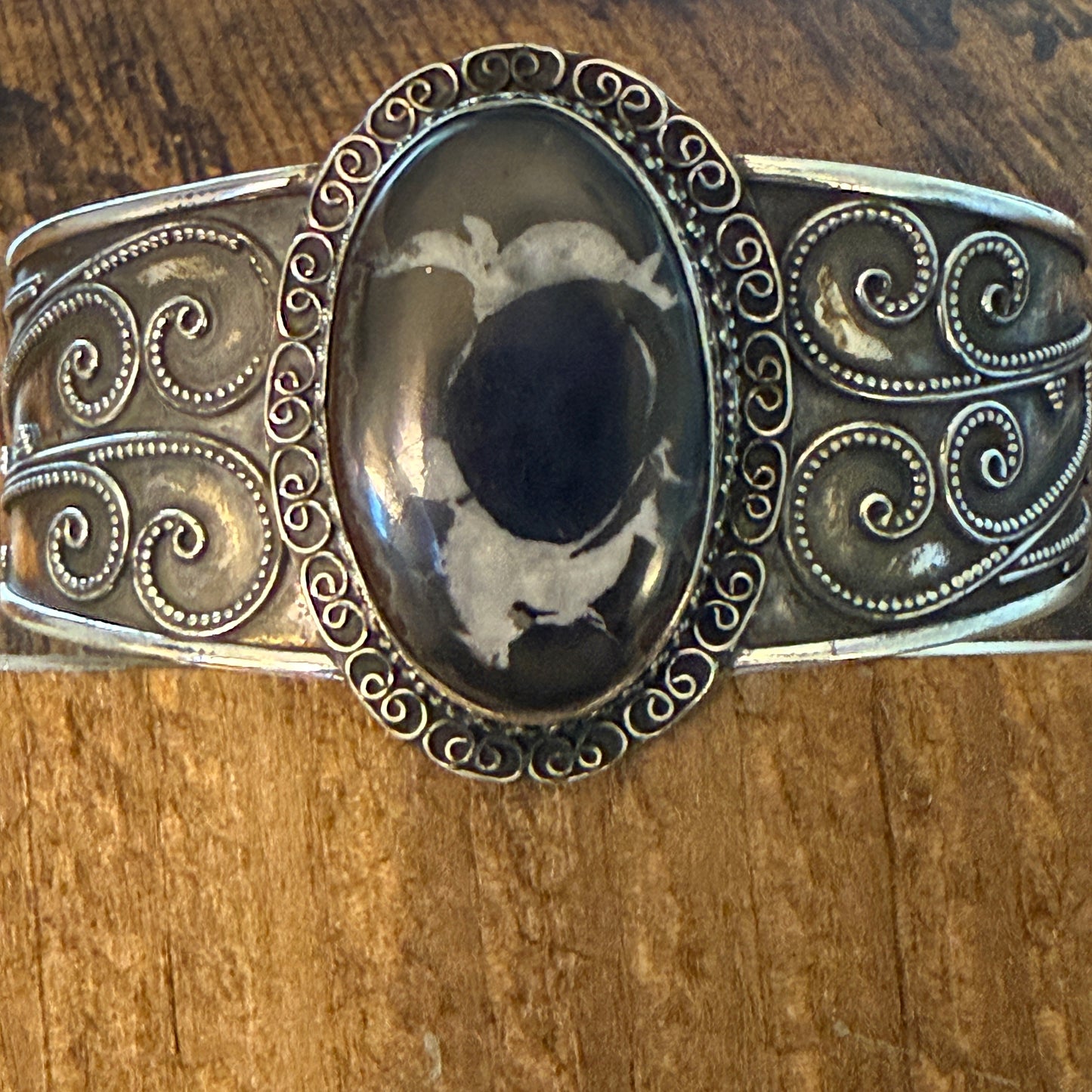 Oval Moroccan Mud Crack Fossil Vintage Cuff Bracelet 925 Sterling Silver