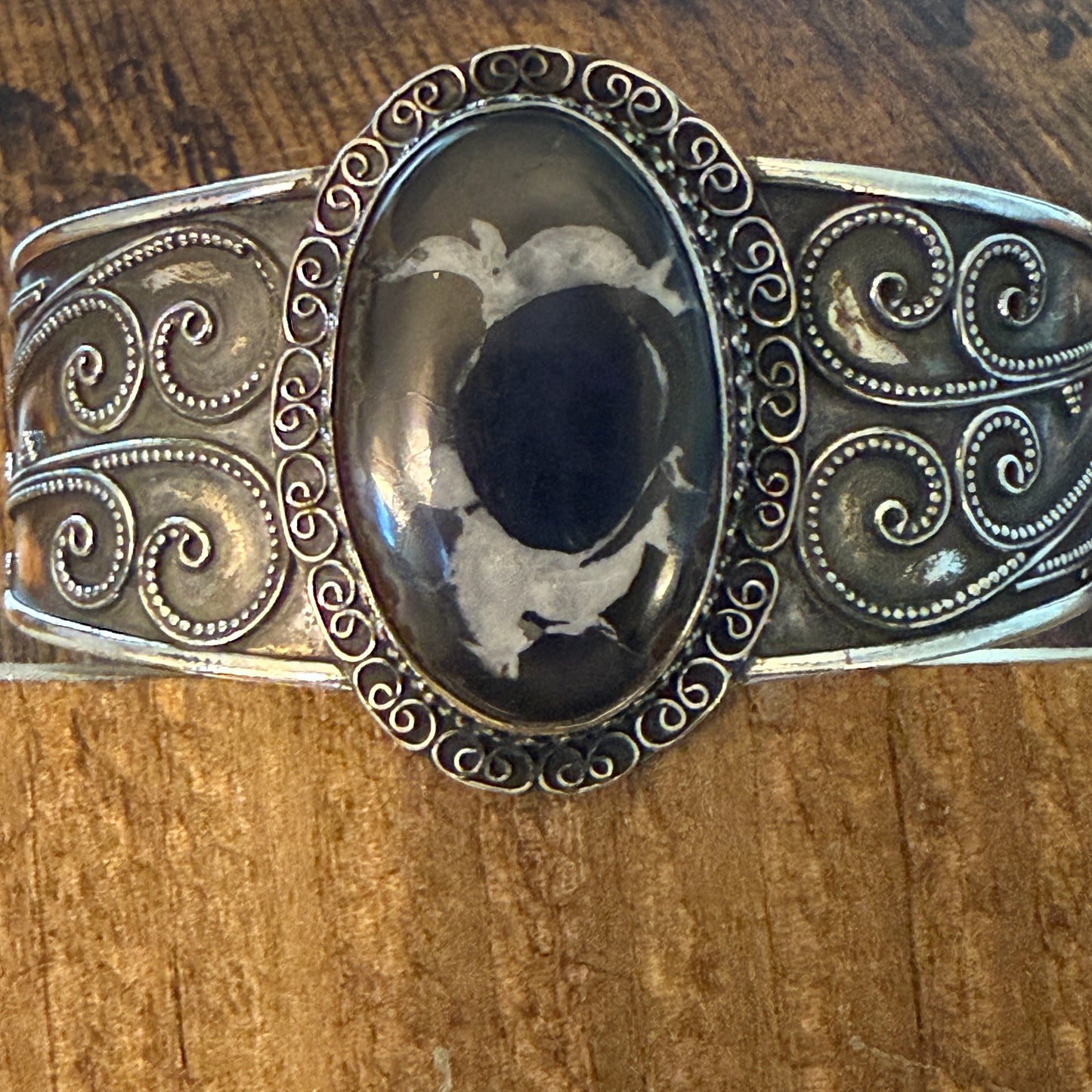 Oval Moroccan Mud Crack Fossil Vintage Cuff Bracelet 925 Sterling Silver