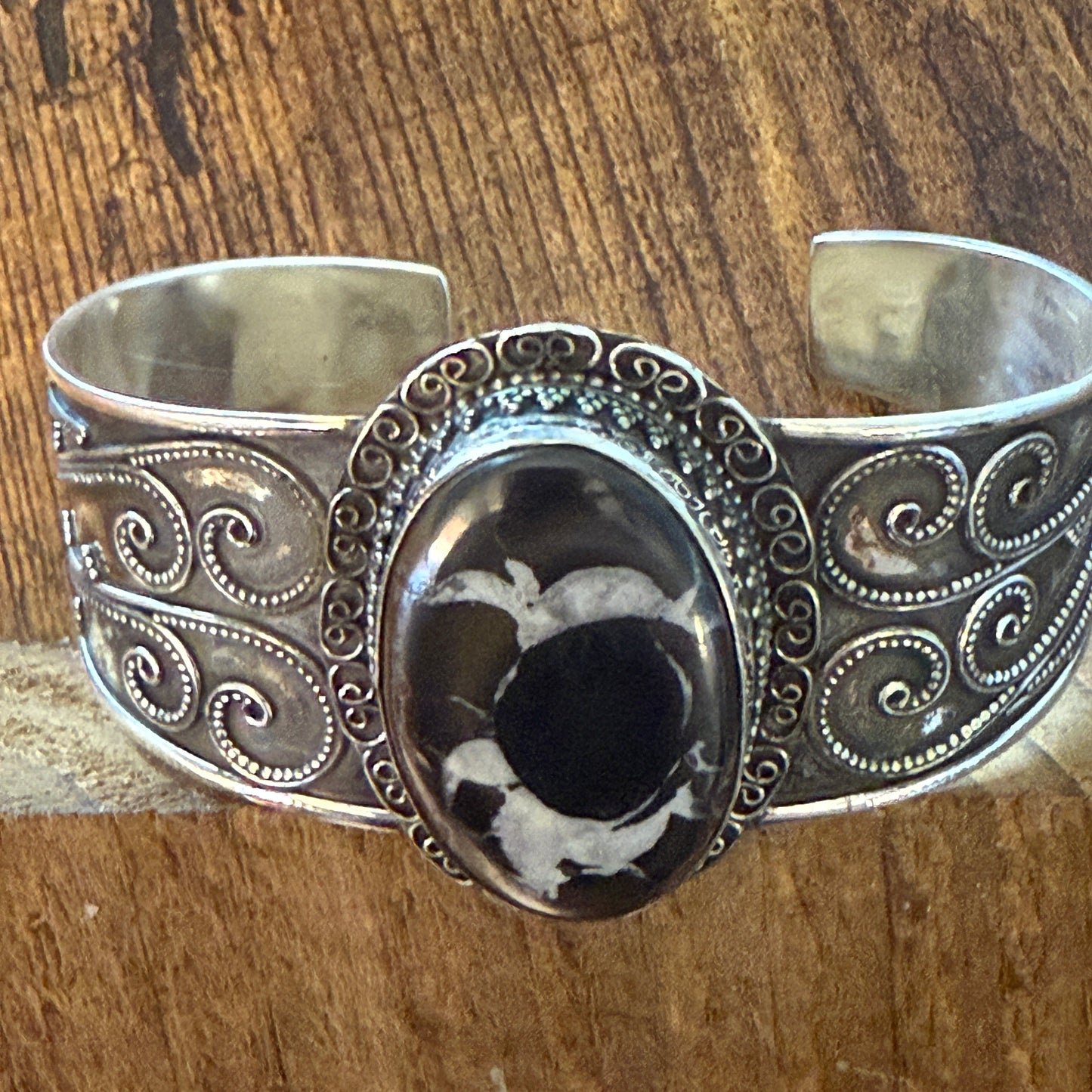 Oval Moroccan Mud Crack Fossil Vintage Cuff Bracelet 925 Sterling Silver