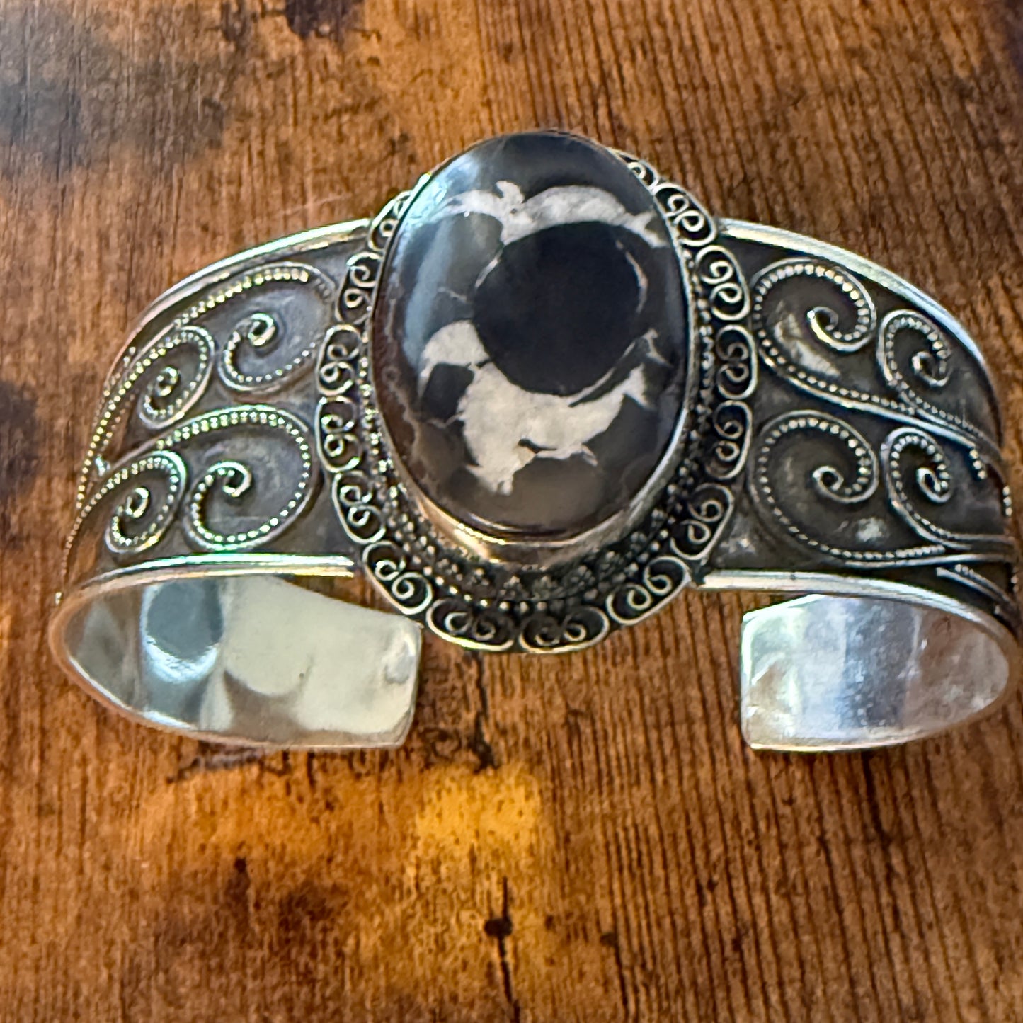 Oval Moroccan Mud Crack Fossil Vintage Cuff Bracelet 925 Sterling Silver