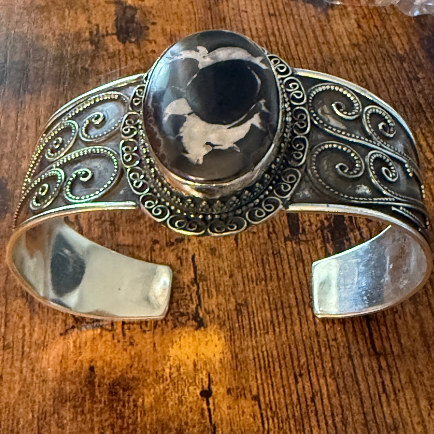 Oval Moroccan Mud Crack Fossil Vintage Cuff Bracelet 925 Sterling Silver