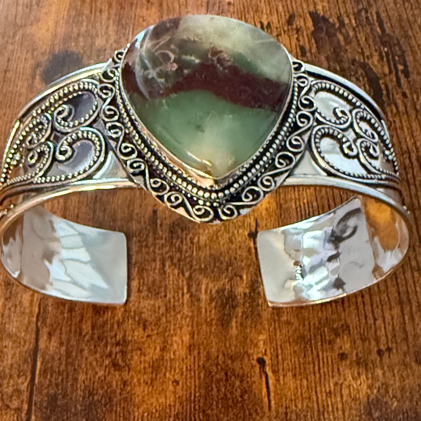 Chrysoprase Natural Gemstone 925 Sterling Silver Cuff Bangle Adjustable