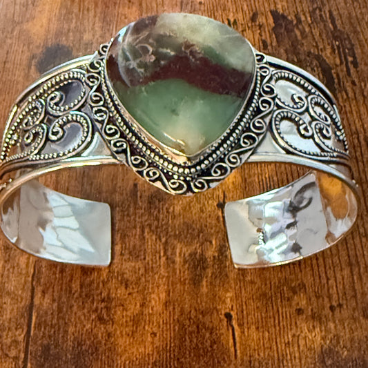 Chrysoprase Natural Gemstone 925 Sterling Silver Cuff Bangle Adjustable
