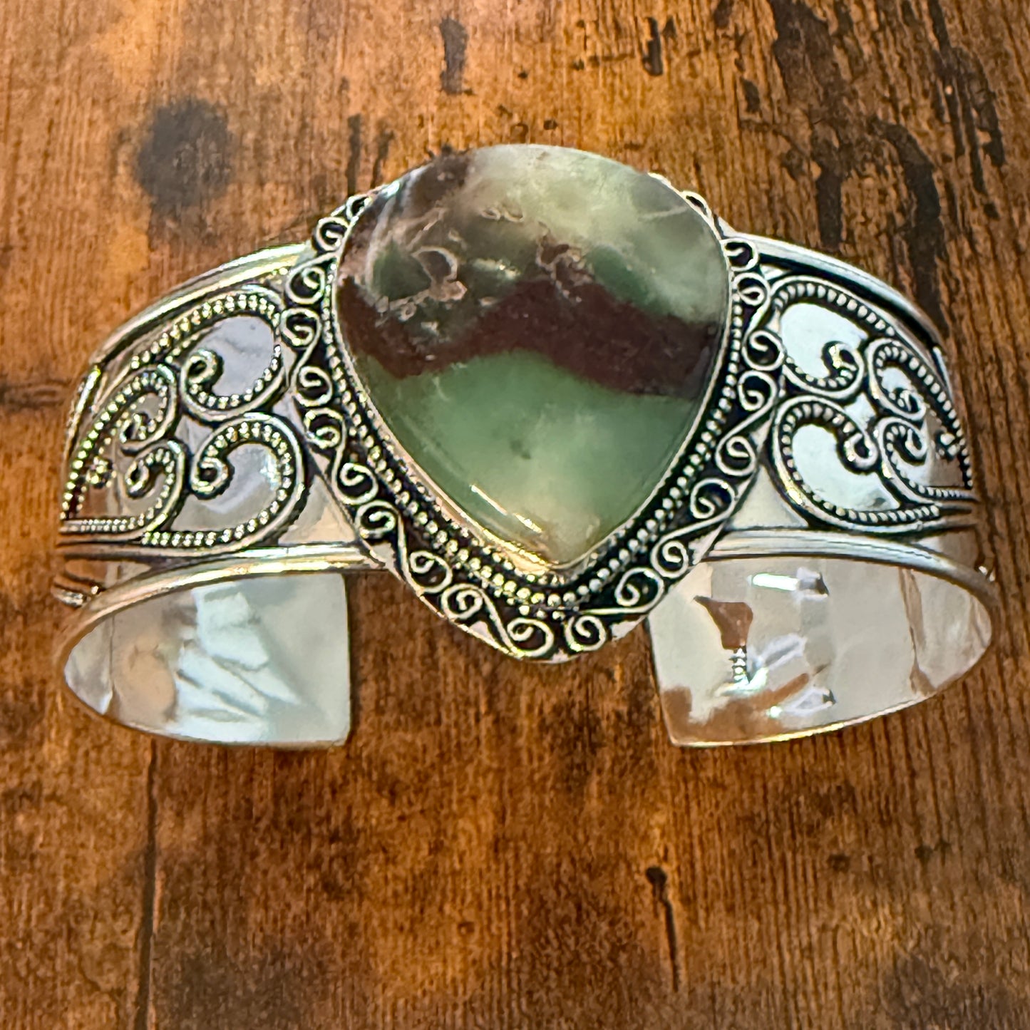 Chrysoprase Natural Gemstone 925 Sterling Silver Cuff Bangle Adjustable