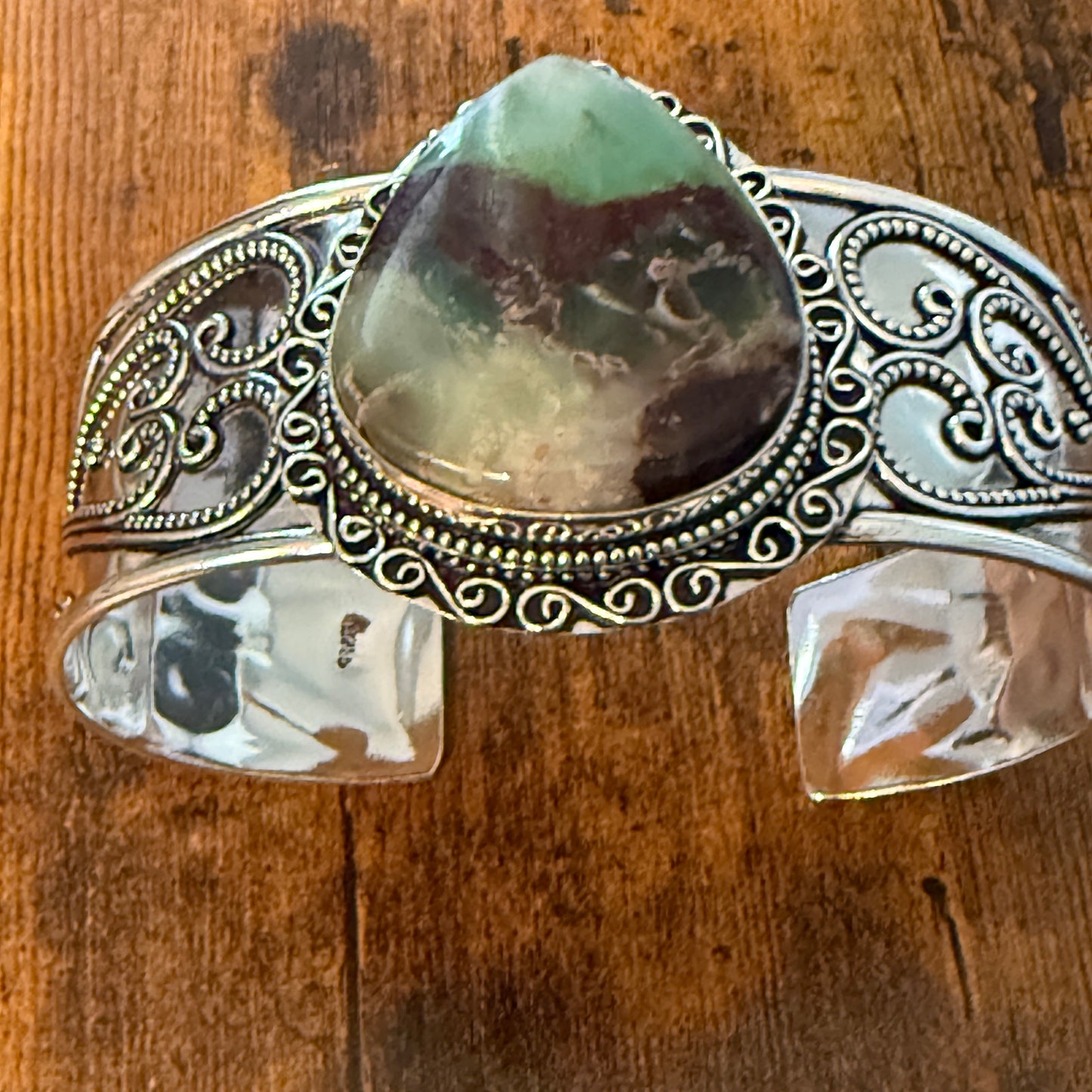 Chrysoprase Natural Gemstone 925 Sterling Silver Cuff Bangle Adjustable