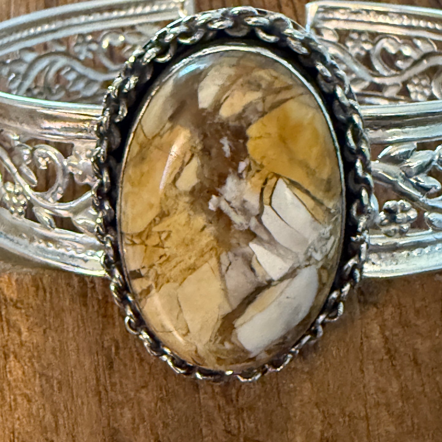 Golden Yellow Dahlia Oval Stone Sterling Silver Filigree Cuff Bracelet