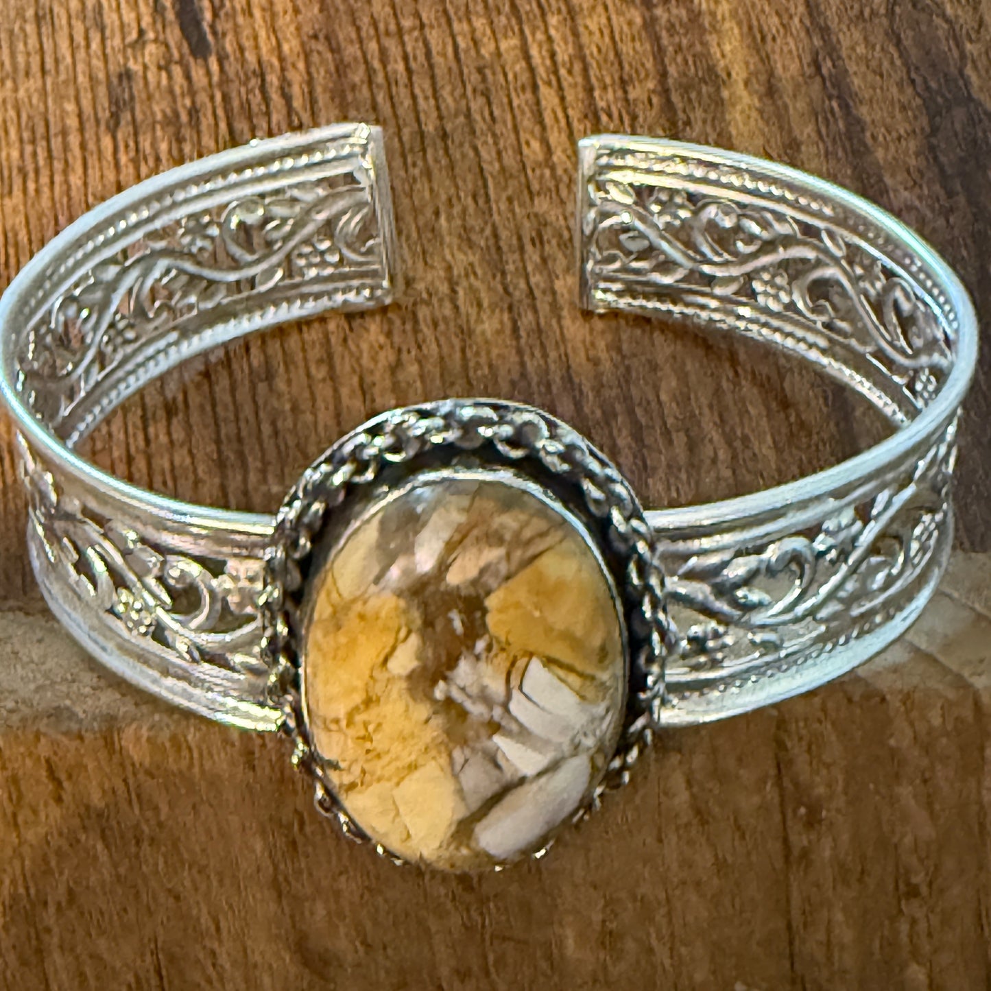 Golden Yellow Dahlia Oval Stone Sterling Silver Filigree Cuff Bracelet