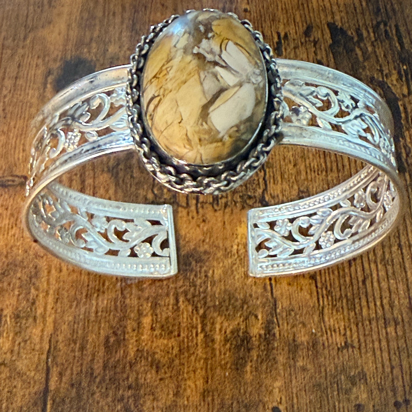 Golden Yellow Dahlia Oval Stone Sterling Silver Filigree Cuff Bracelet