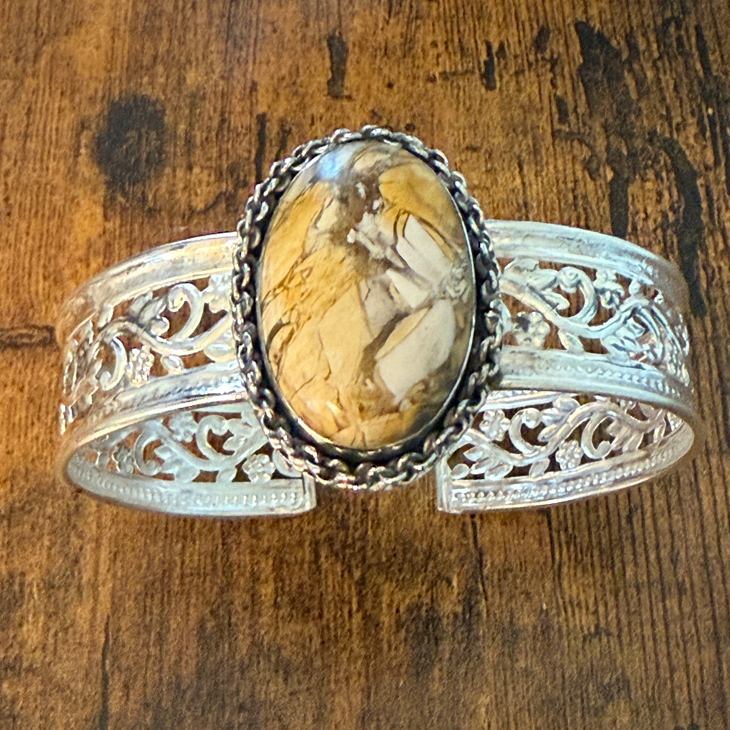 Golden Yellow Dahlia Oval Stone Sterling Silver Filigree Cuff Bracelet