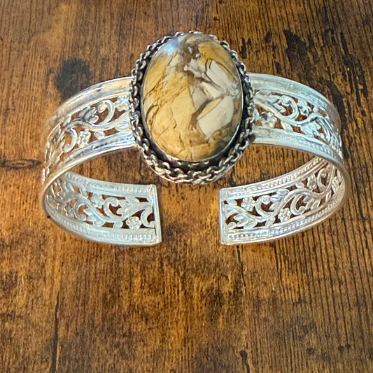 Golden Yellow Dahlia Oval Stone Sterling Silver Filigree Cuff Bracelet