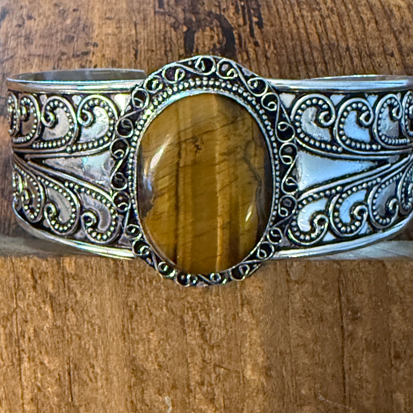 Natural Tiger Eye Gemstone Sterling Silver Cuff Bangle Adjustable