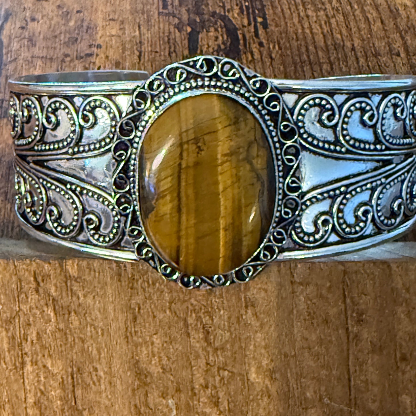 Natural Tiger Eye Gemstone Sterling Silver Cuff Bangle Adjustable