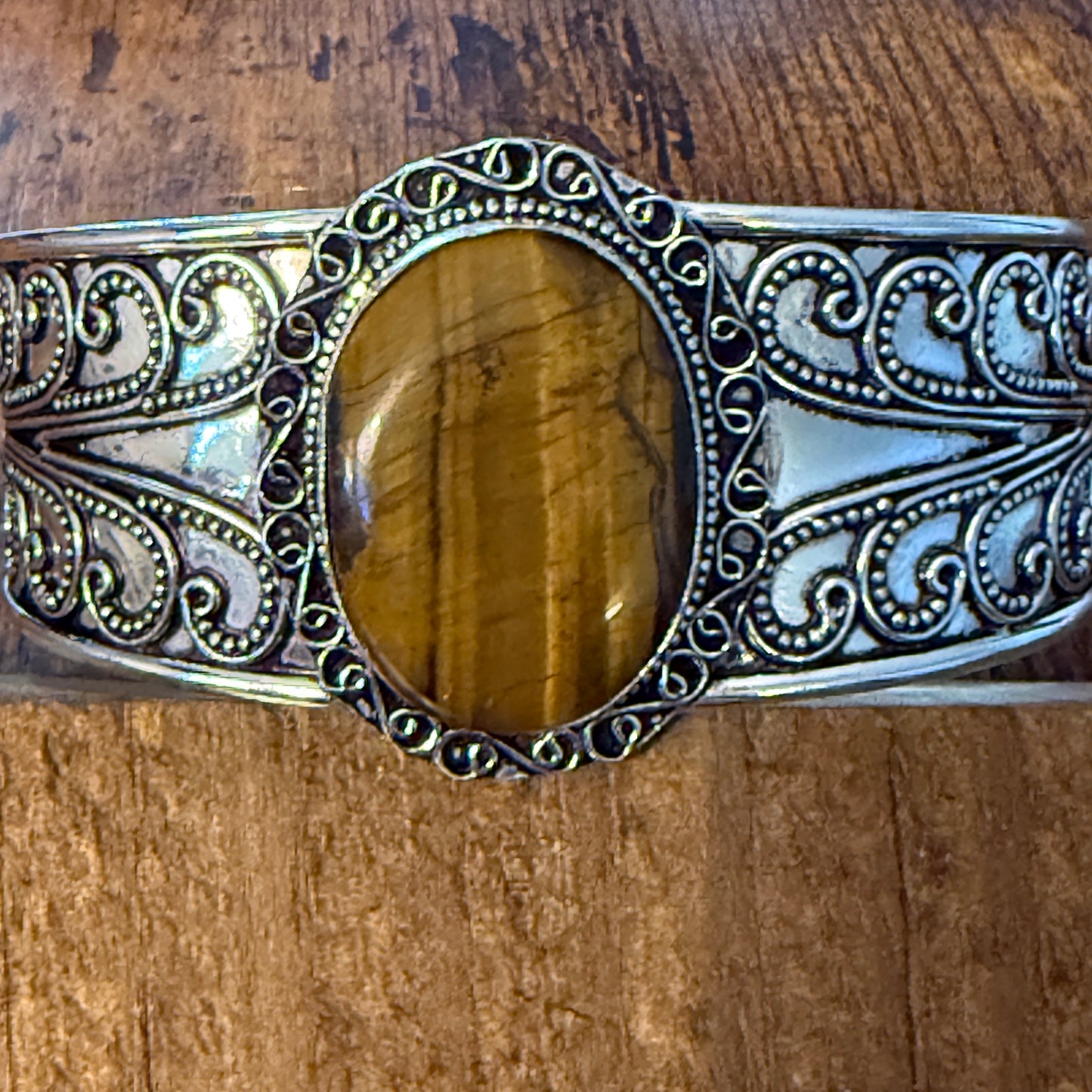 Natural Tiger Eye Gemstone Sterling Silver Cuff Bangle Adjustable