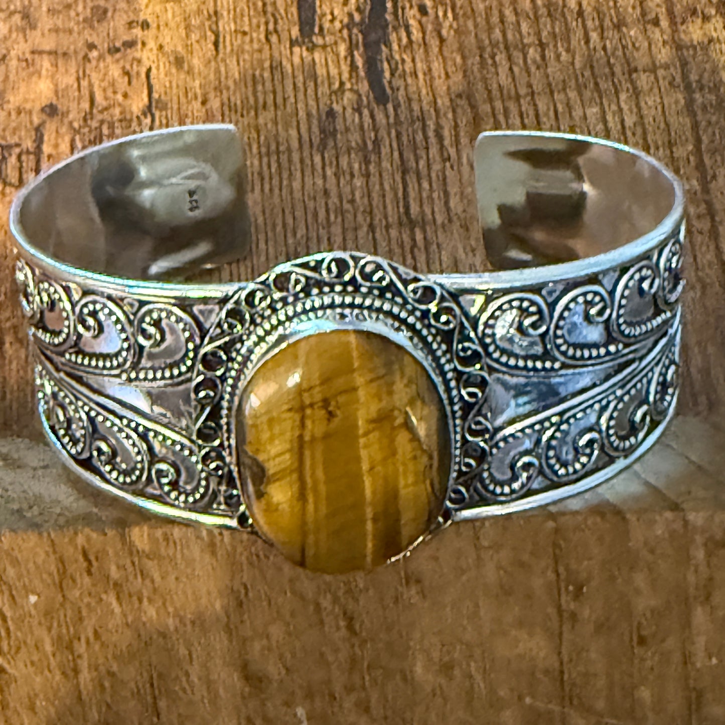 Natural Tiger Eye Gemstone Sterling Silver Cuff Bangle Adjustable