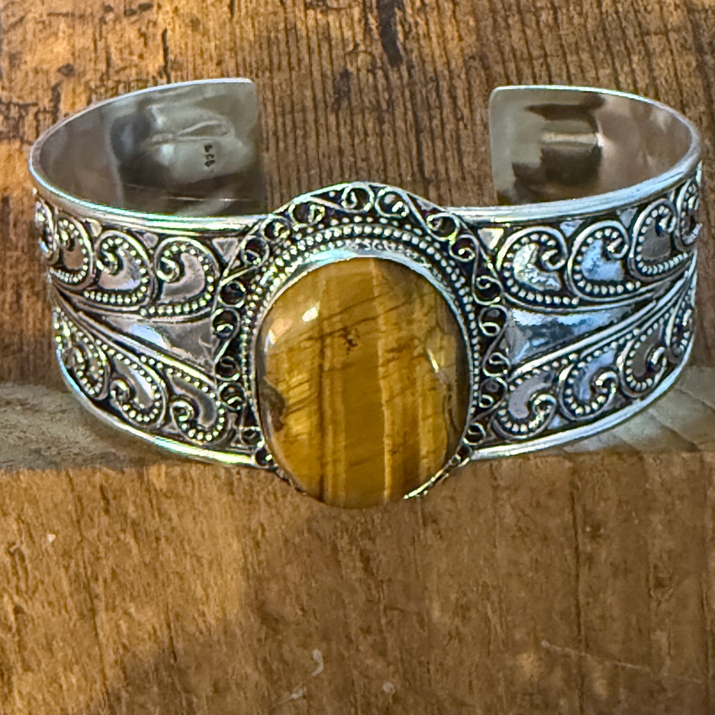 Natural Tiger Eye Gemstone Sterling Silver Cuff Bangle Adjustable