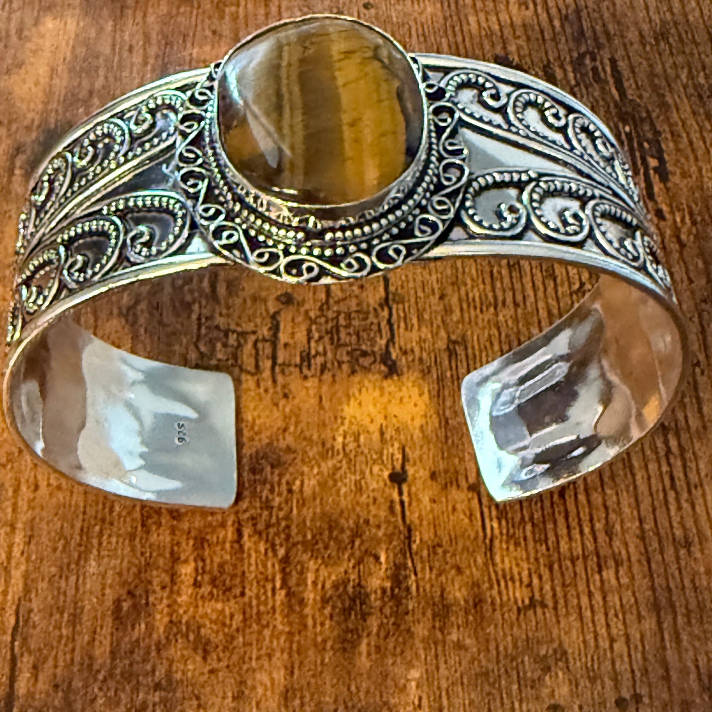 Natural Tiger Eye Gemstone Sterling Silver Cuff Bangle Adjustable