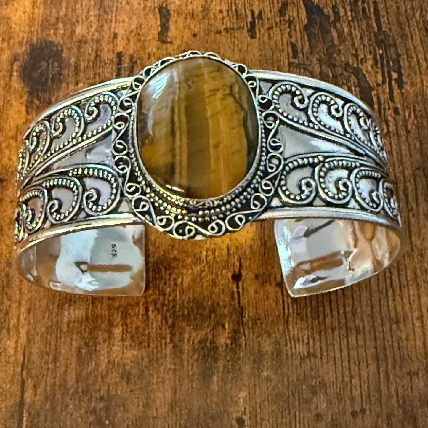 Natural Tiger Eye Gemstone Sterling Silver Cuff Bangle Adjustable