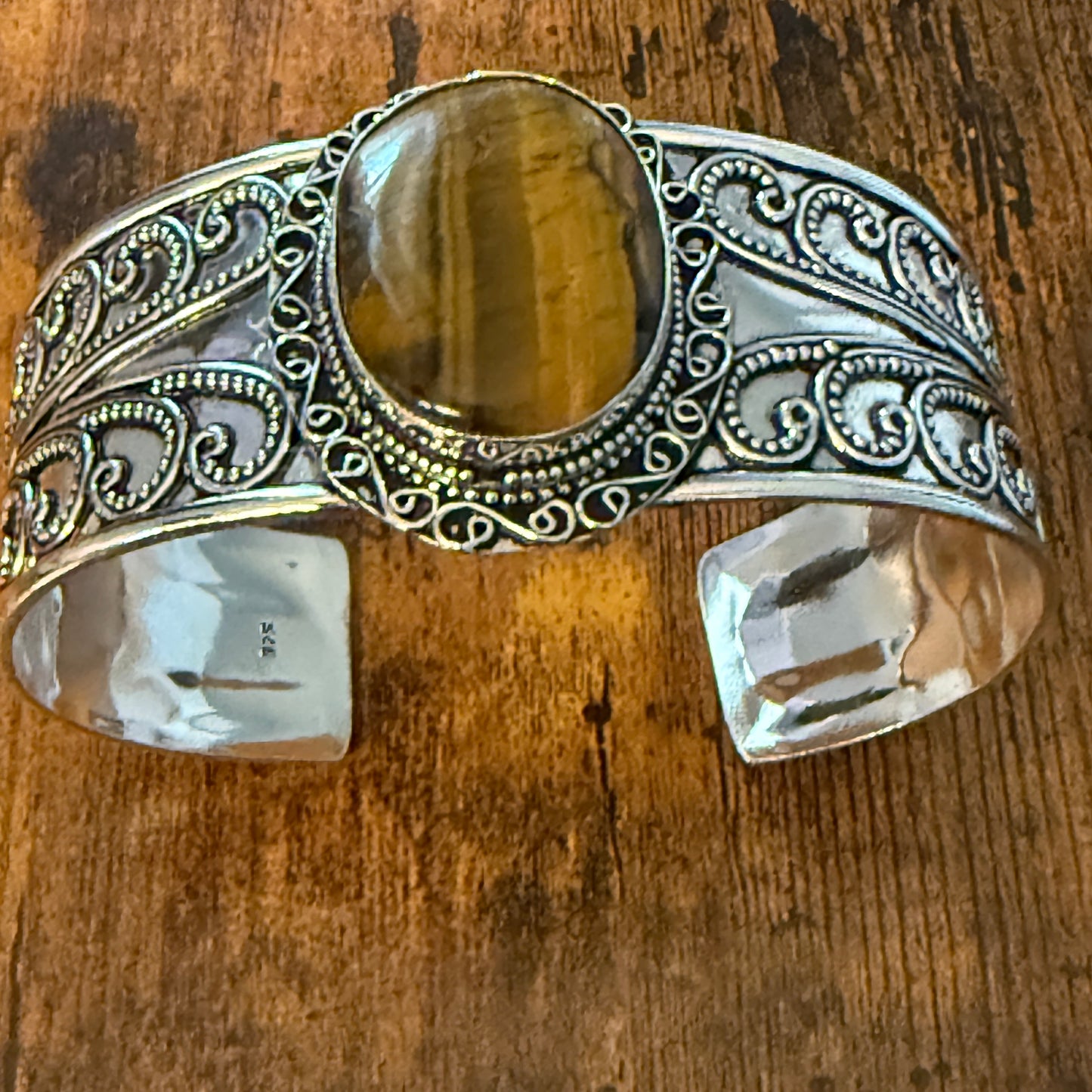 Natural Tiger Eye Gemstone Sterling Silver Cuff Bangle Adjustable