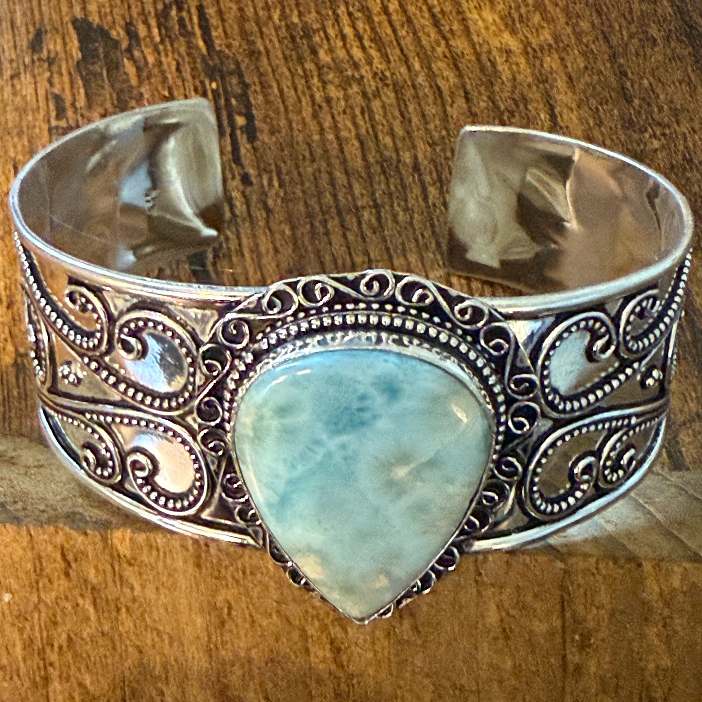 Natural Republic Larimar Gemstone 925 Sterling Silver Cuff Bangle Adjustable