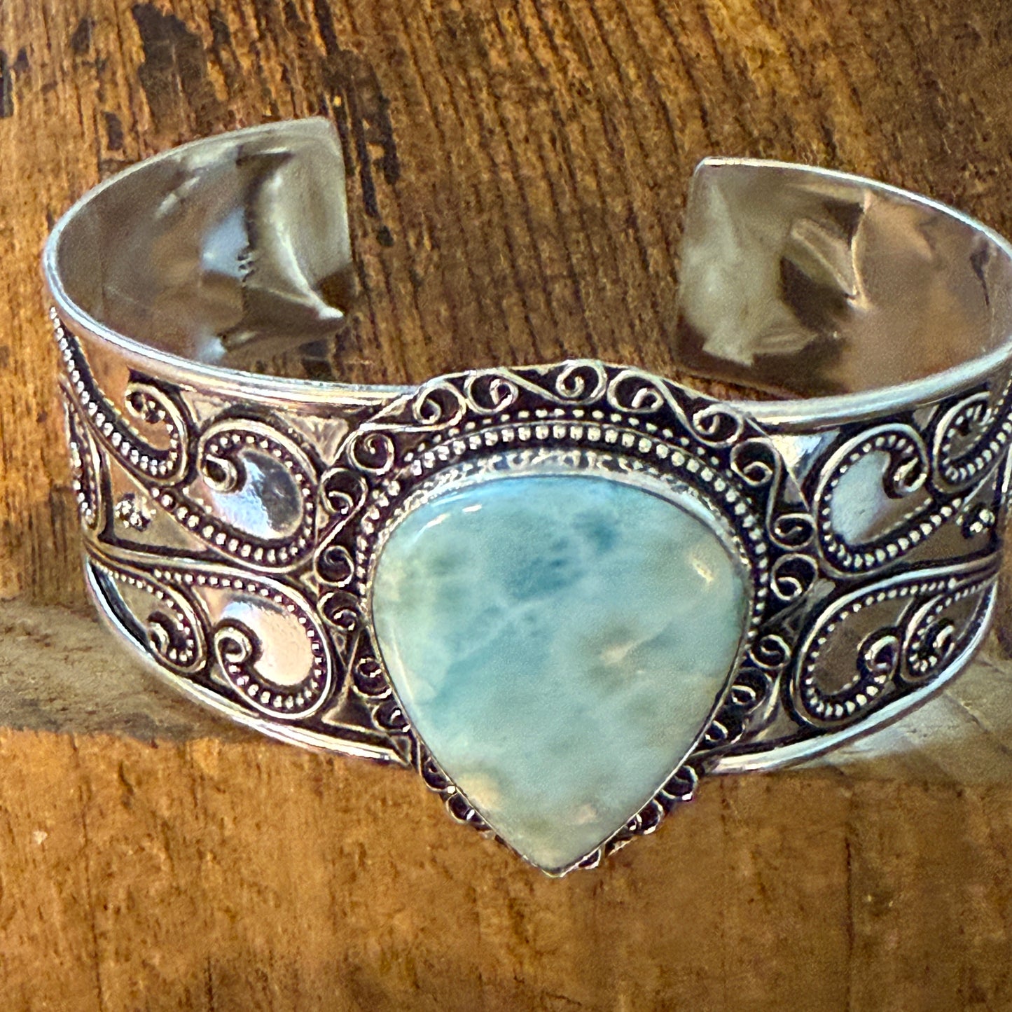 Natural Republic Larimar Gemstone 925 Sterling Silver Cuff Bangle Adjustable