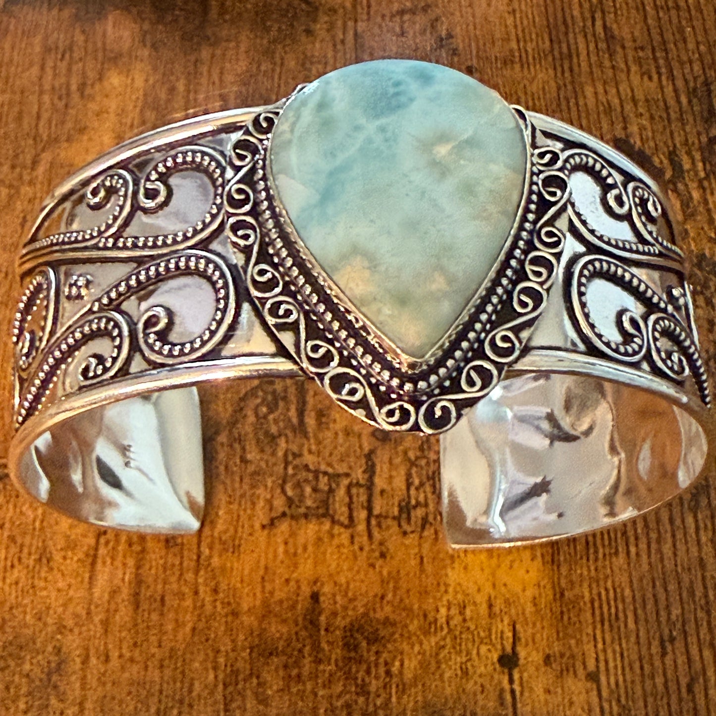 Natural Republic Larimar Gemstone 925 Sterling Silver Cuff Bangle Adjustable