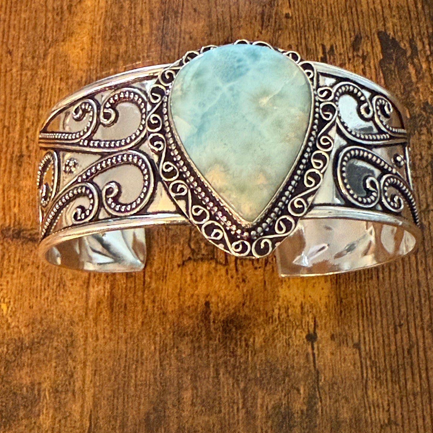 Natural Republic Larimar Gemstone 925 Sterling Silver Cuff Bangle Adjustable