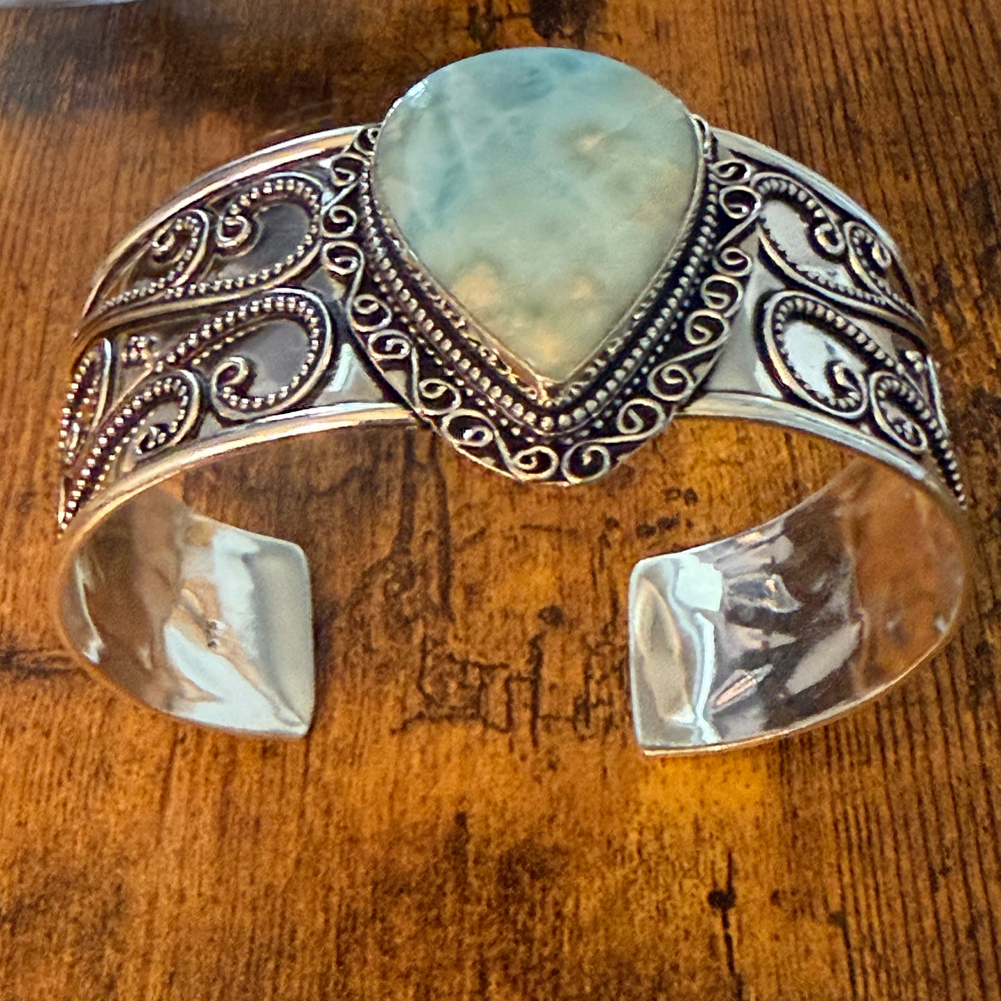 Natural Republic Larimar Gemstone 925 Sterling Silver Cuff Bangle Adjustable