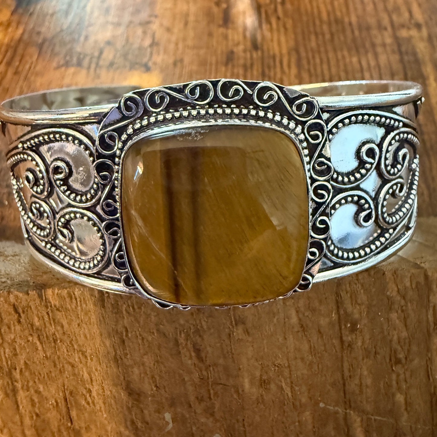 Tiger Eye Natural Gemstone 925 Sterling Silver Cuff Bangle Adjustable