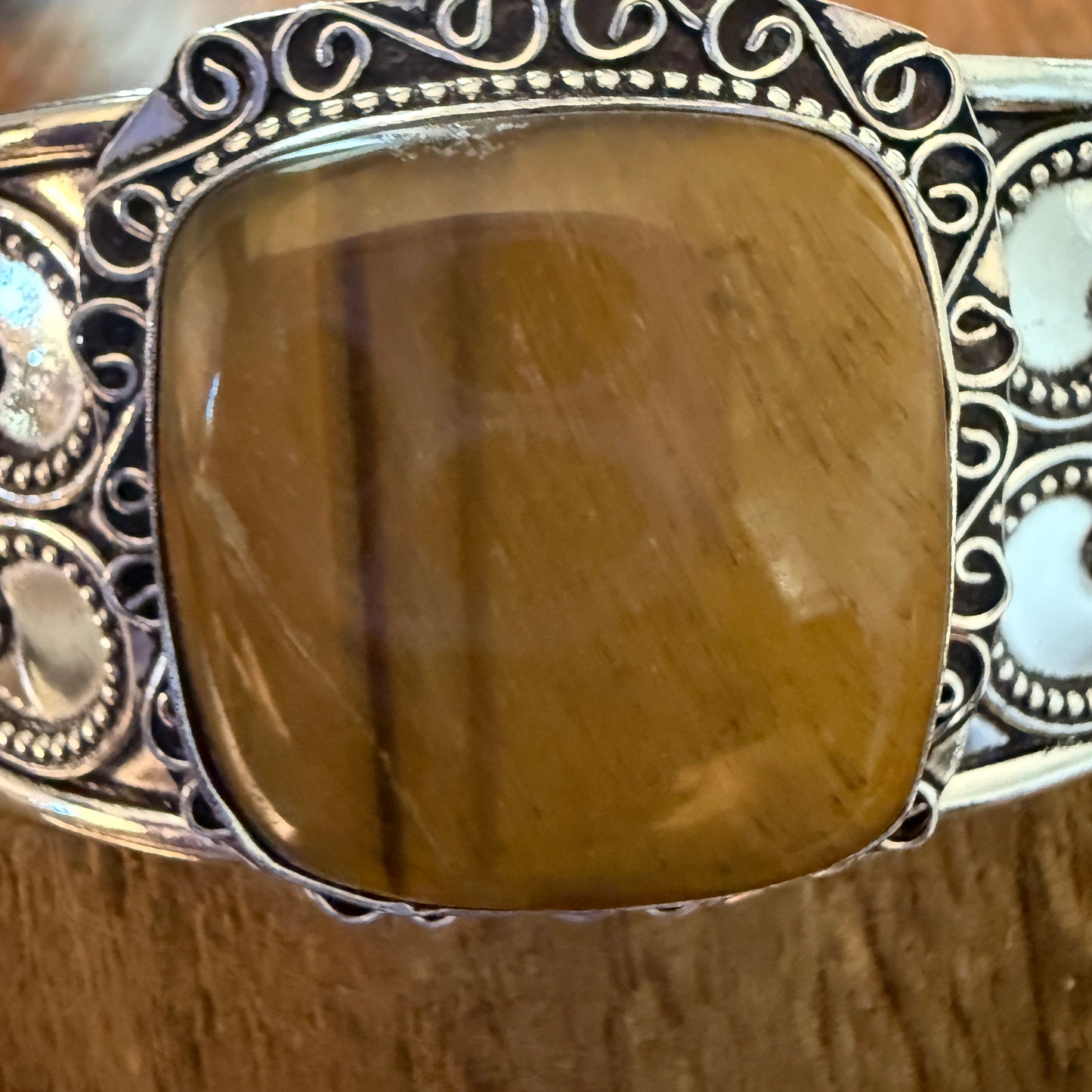 Tiger Eye Natural Gemstone 925 Sterling Silver Cuff Bangle Adjustable