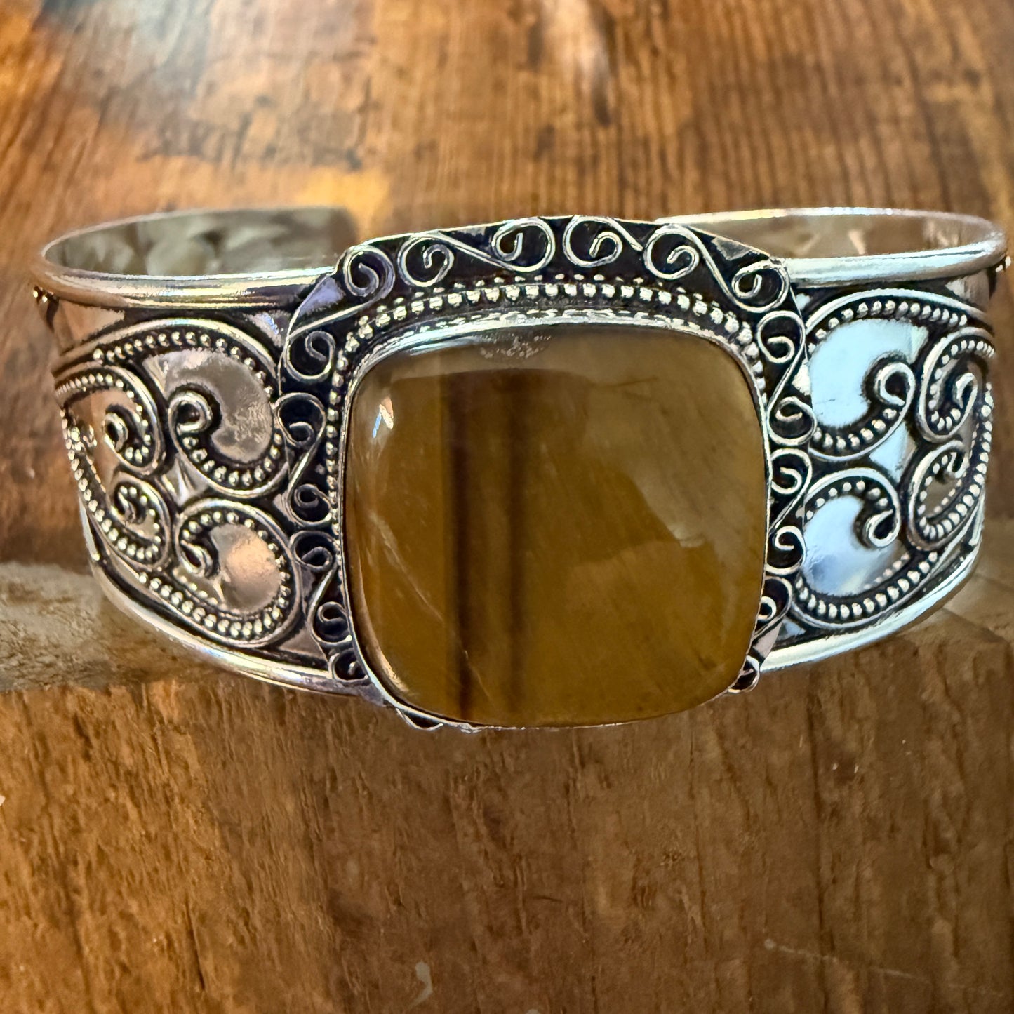 Tiger Eye Natural Gemstone 925 Sterling Silver Cuff Bangle Adjustable