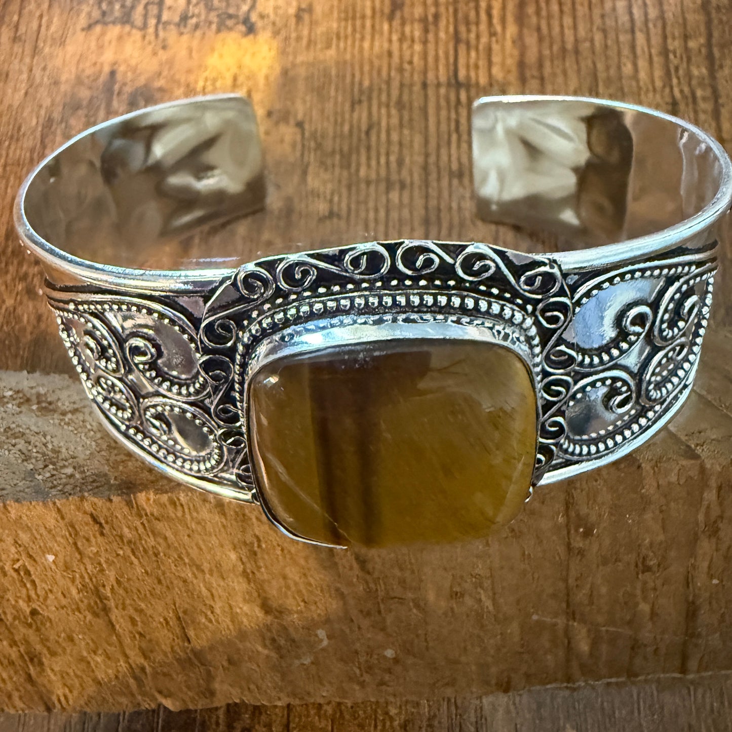 Tiger Eye Natural Gemstone 925 Sterling Silver Cuff Bangle Adjustable