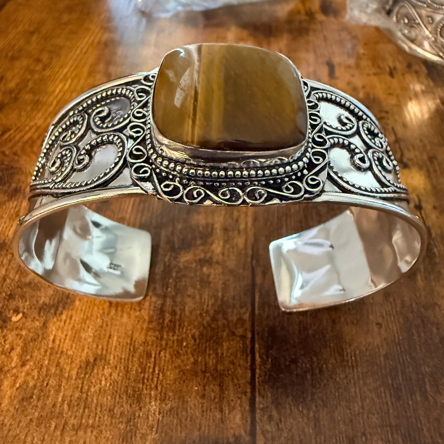 Tiger Eye Natural Gemstone 925 Sterling Silver Cuff Bangle Adjustable