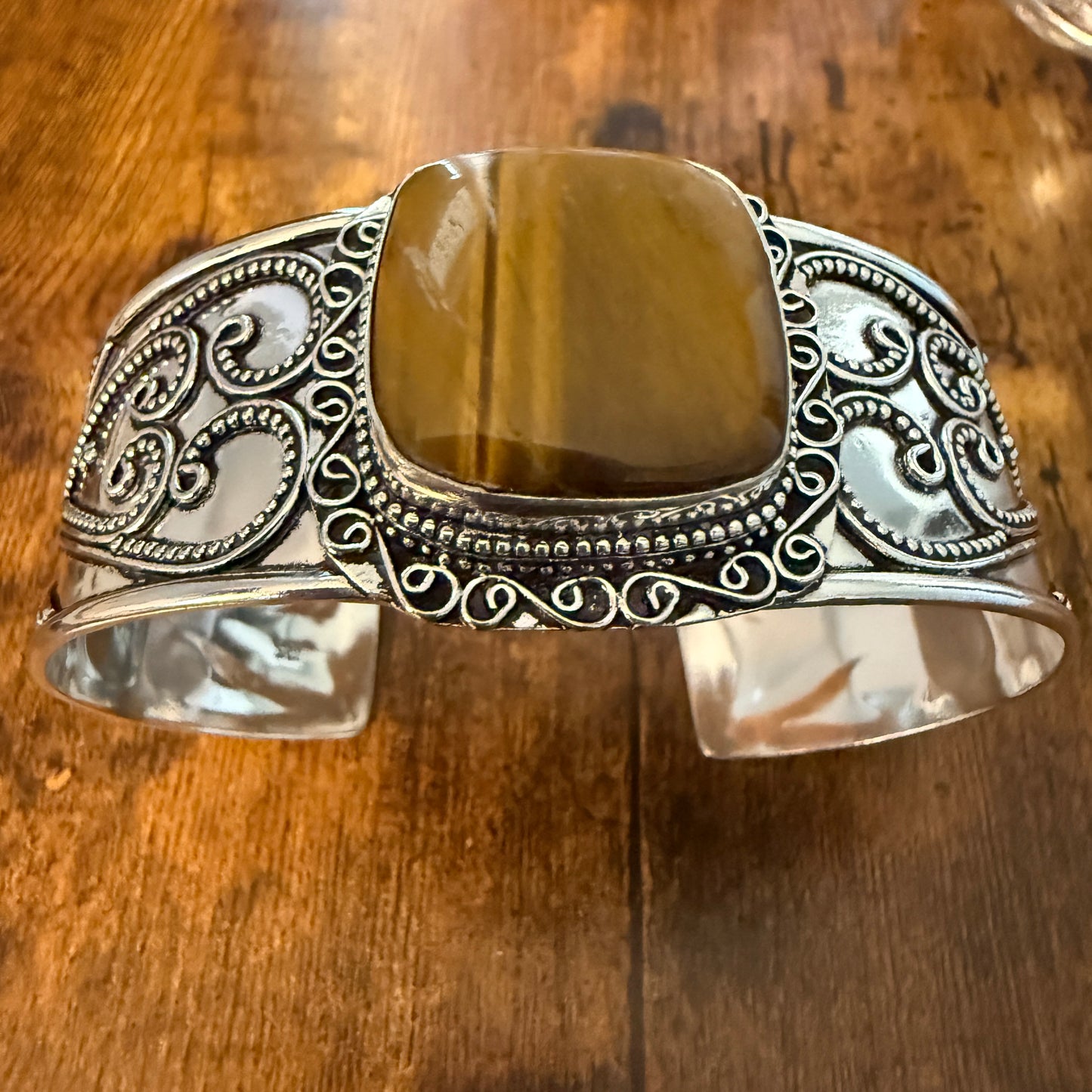 Tiger Eye Natural Gemstone 925 Sterling Silver Cuff Bangle Adjustable