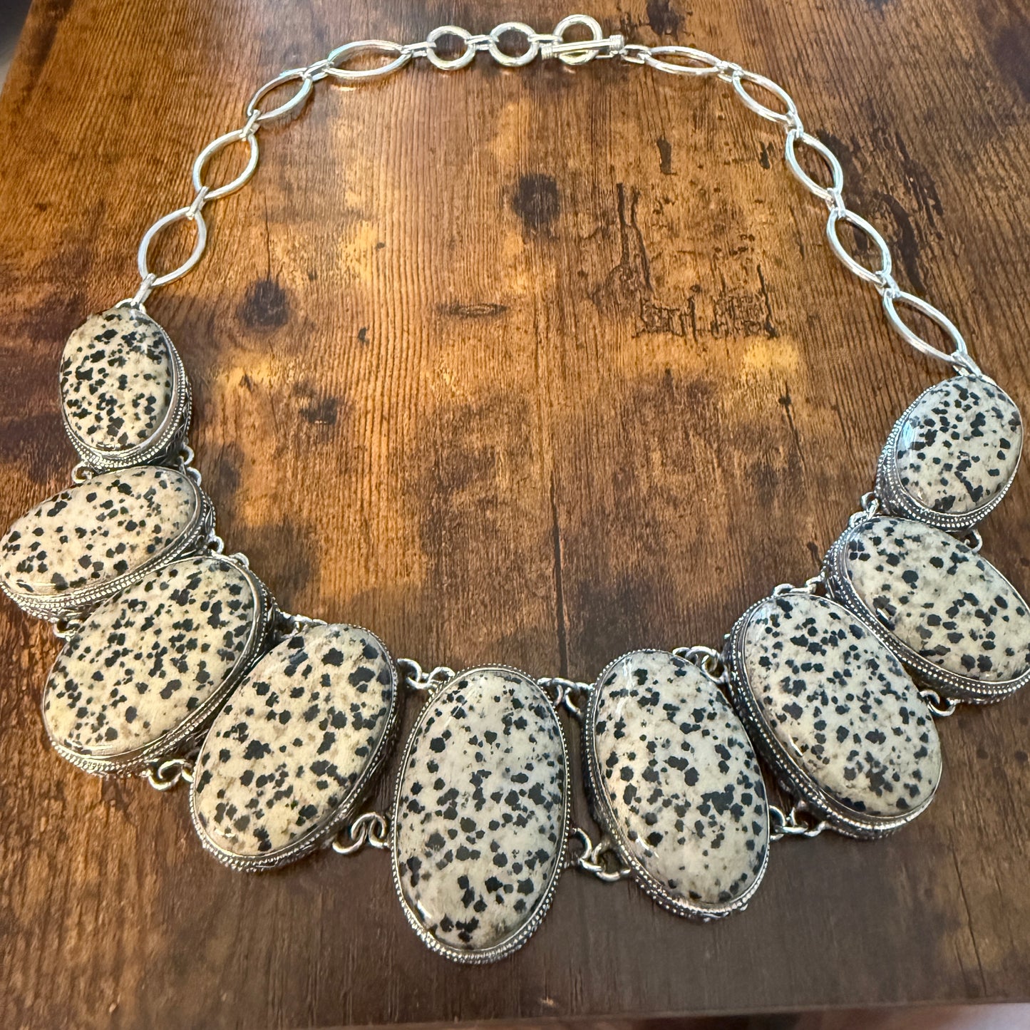 Natural Dalmatian Jasper Vintage Necklace 925 Sterling Silver Chain