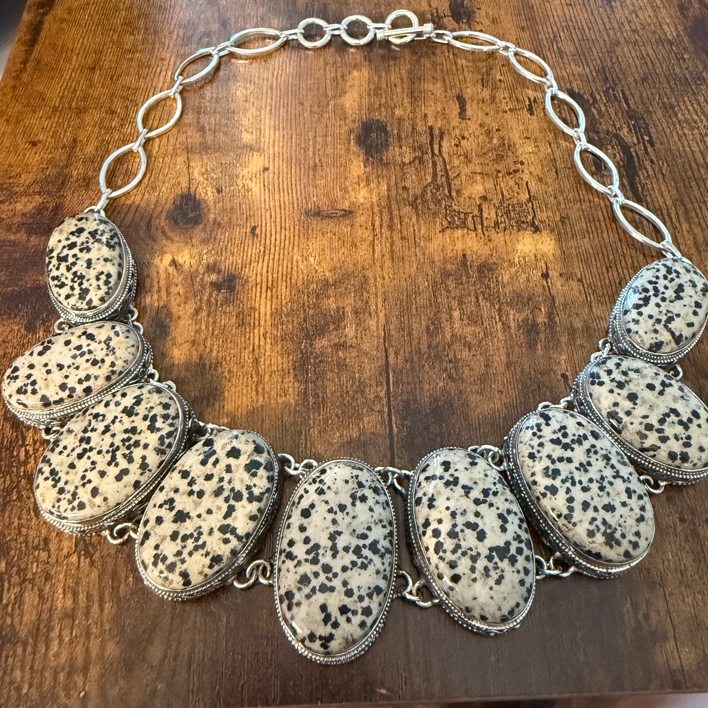 Natural Dalmatian Jasper Vintage Necklace 925 Sterling Silver Chain