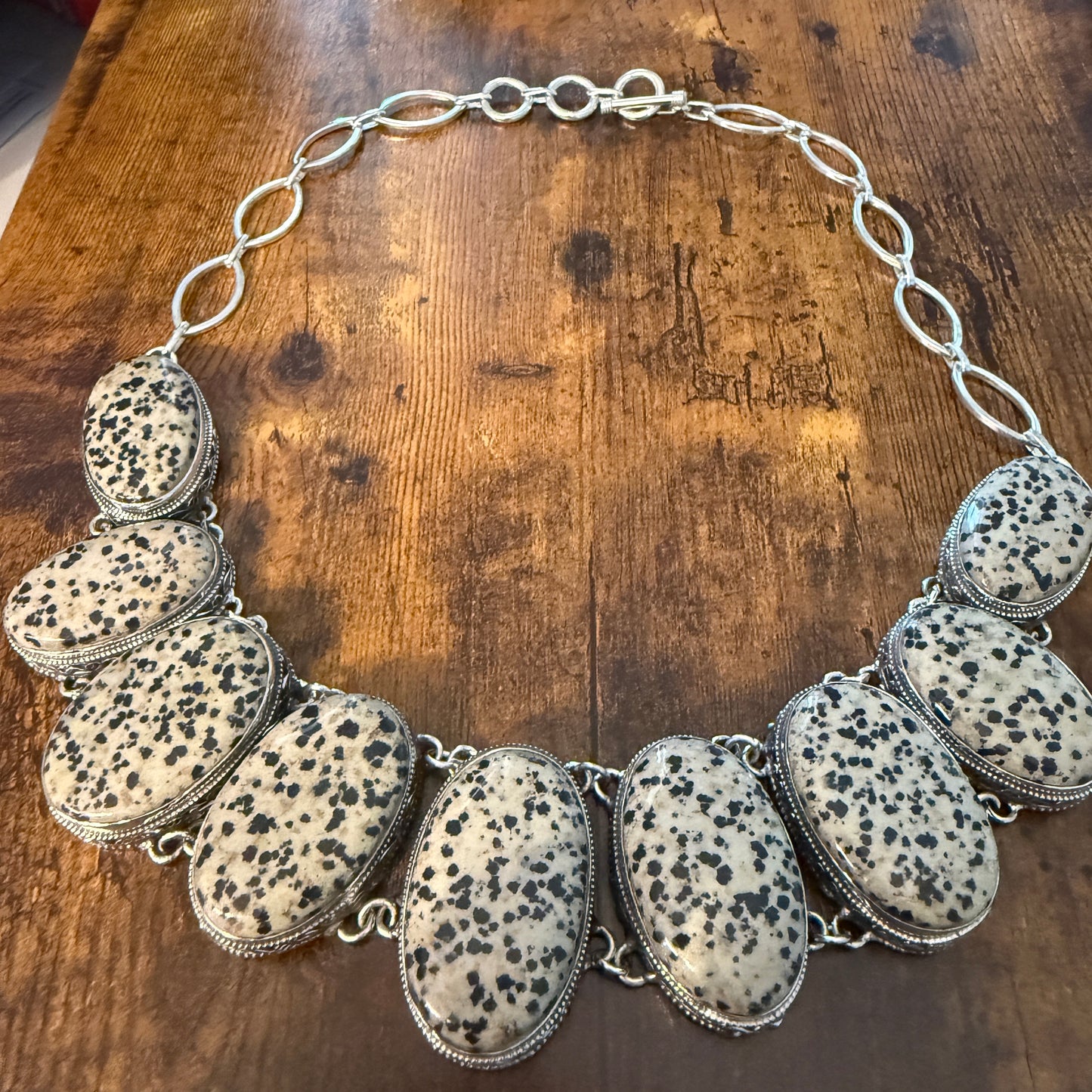 Natural Dalmatian Jasper Vintage Necklace 925 Sterling Silver Chain