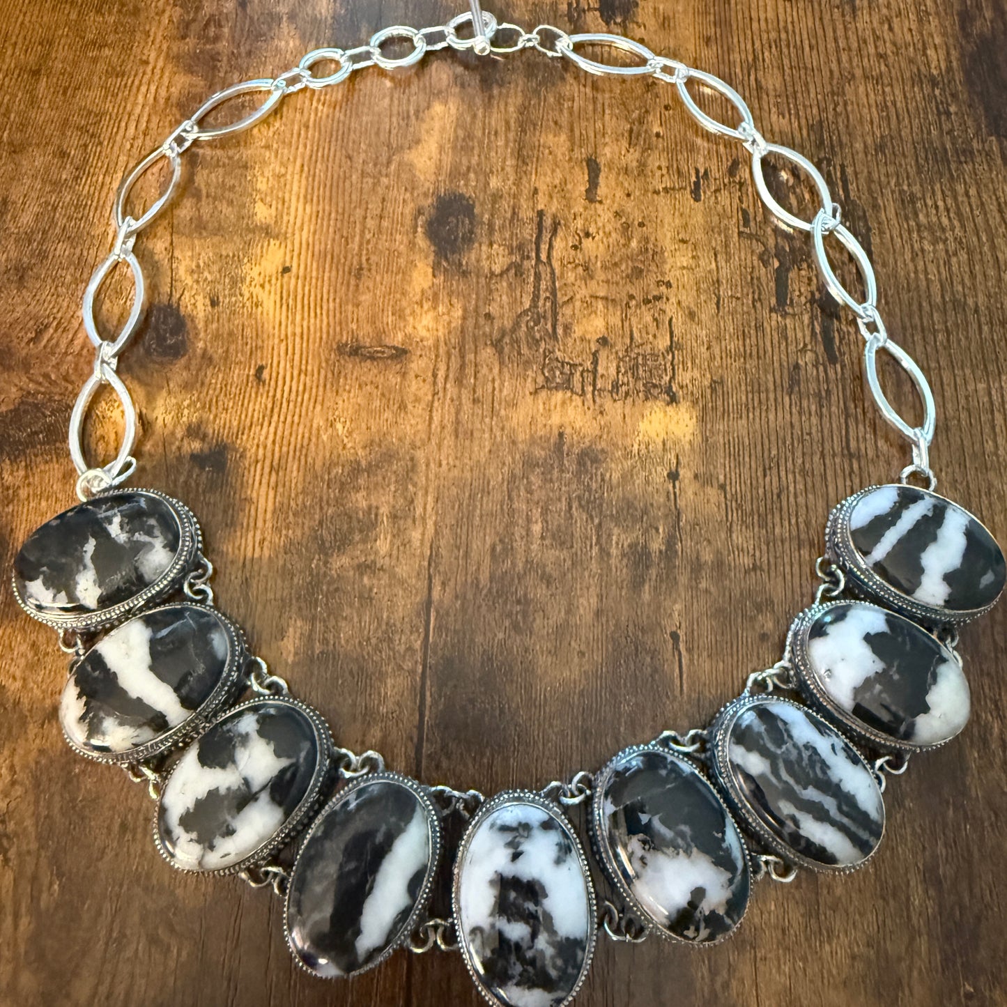 Natural White Buffalo Turquoise Sterling Silver Bezel Necklace Handmade 18 Inch