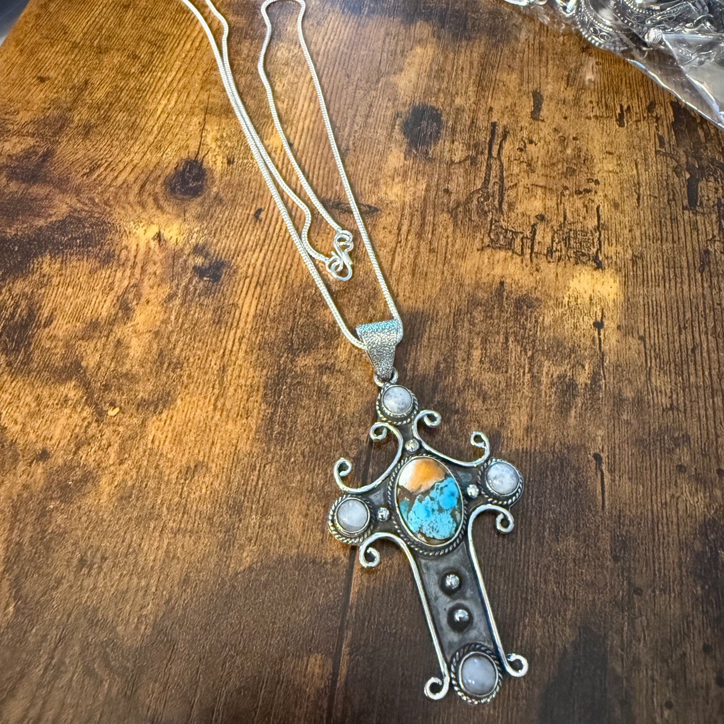 Religion Cross Blue Turquoise Copper Dalhia Oval Natural Stone Rainbow Moonstone Pendant Necklace