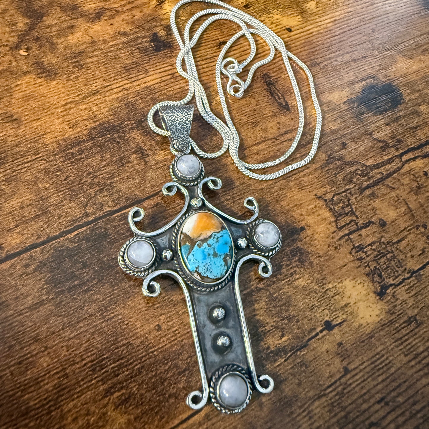 Religion Cross Blue Turquoise Copper Dalhia Oval Natural Stone Rainbow Moonstone Pendant Necklace