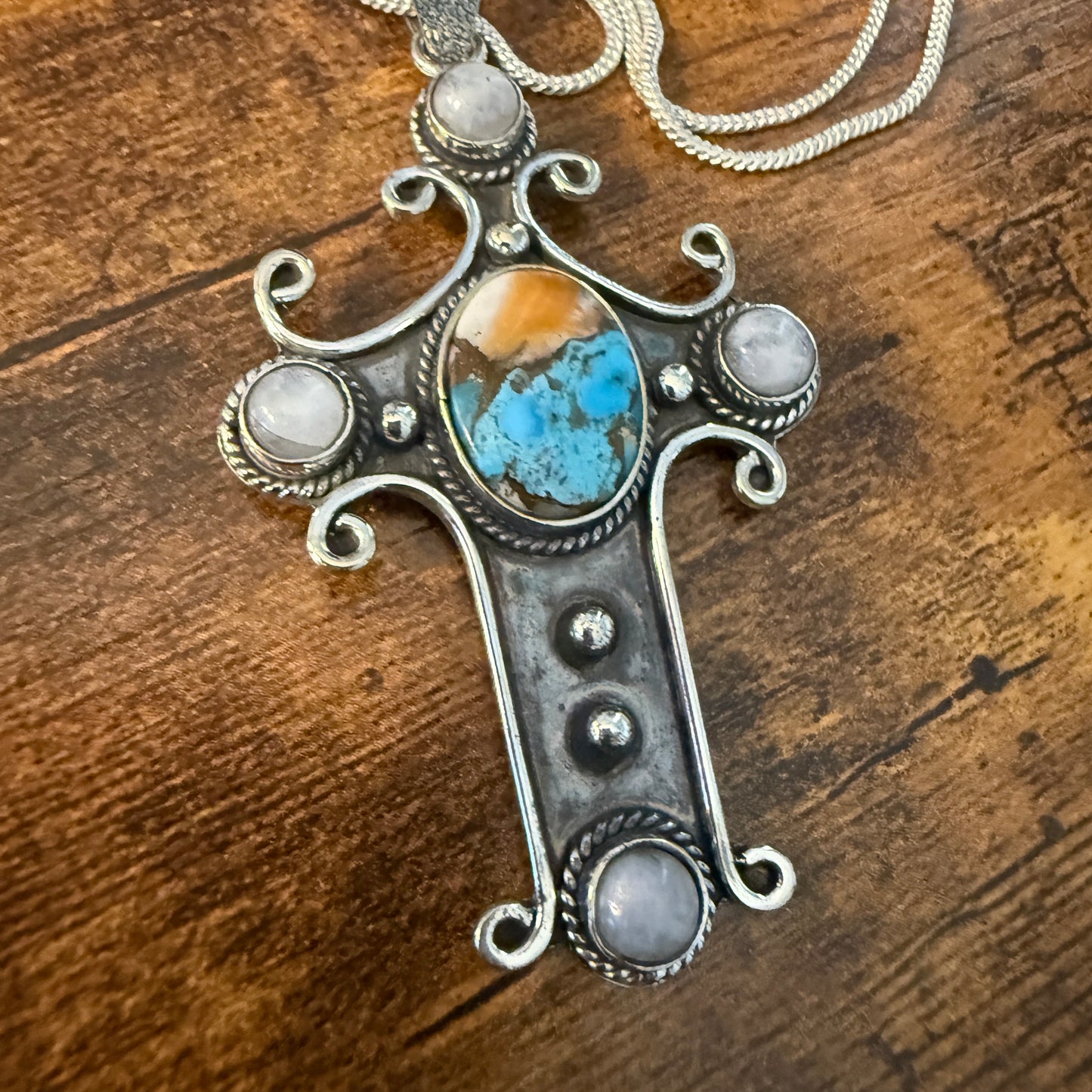 Religion Cross Blue Turquoise Copper Dalhia Oval Natural Stone Rainbow Moonstone Pendant Necklace