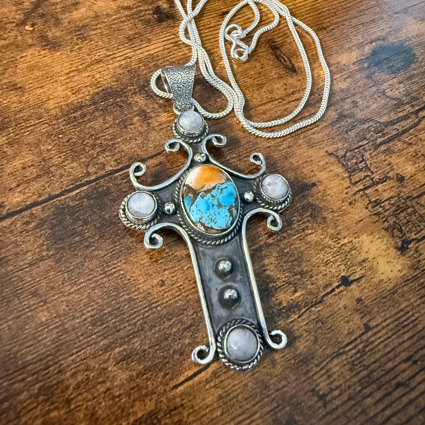 Religion Cross Blue Turquoise Copper Dalhia Oval Natural Stone Rainbow Moonstone Pendant Necklace