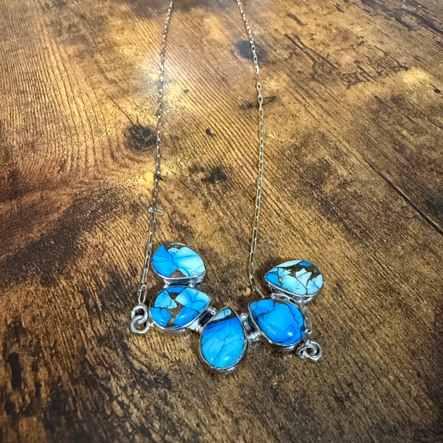 Blue Ice Dahlia Turquoise Cluster Necklace Southwest Navajo Style 18 Inch Chain