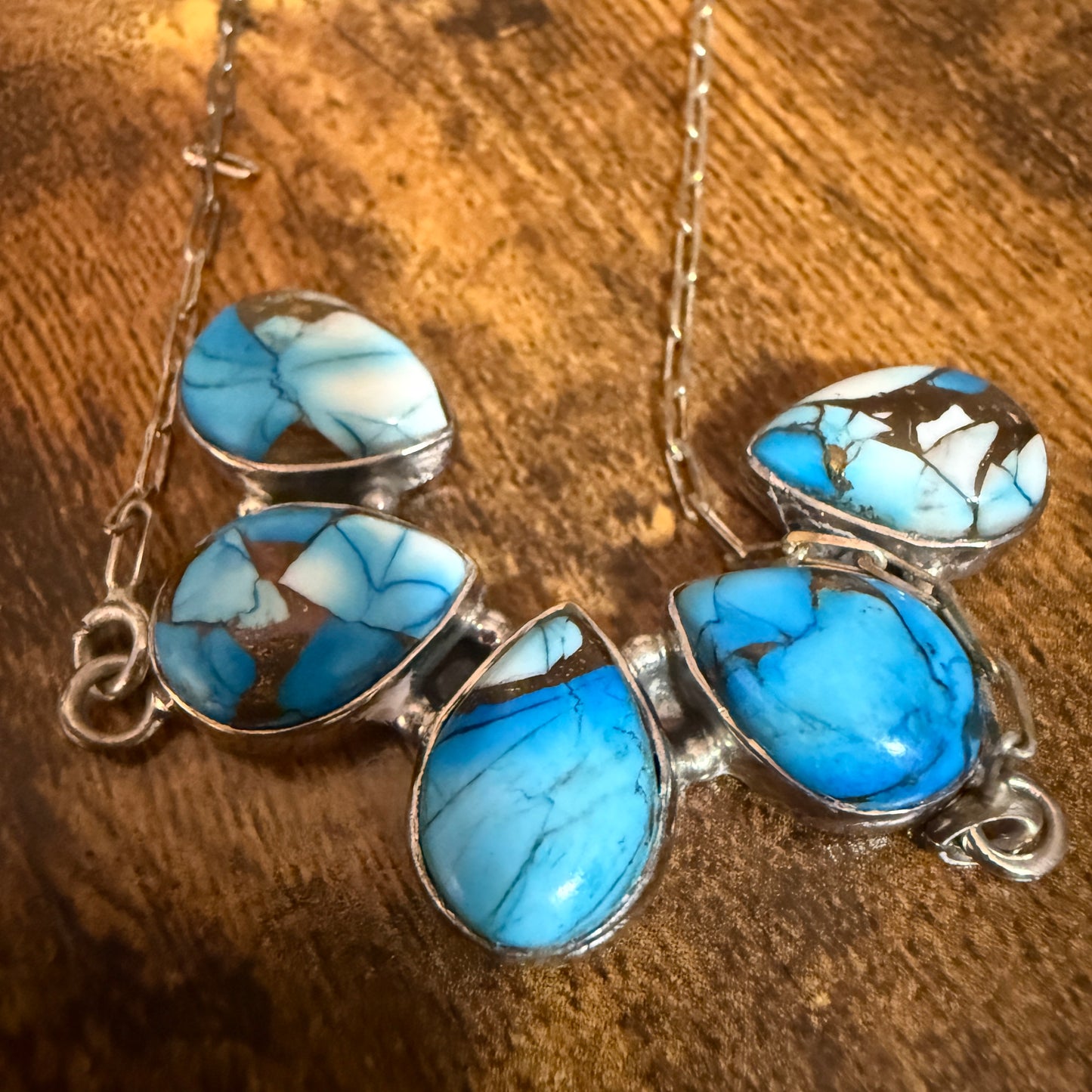 Blue Ice Dahlia Turquoise Cluster Necklace Southwest Navajo Style 18 Inch Chain